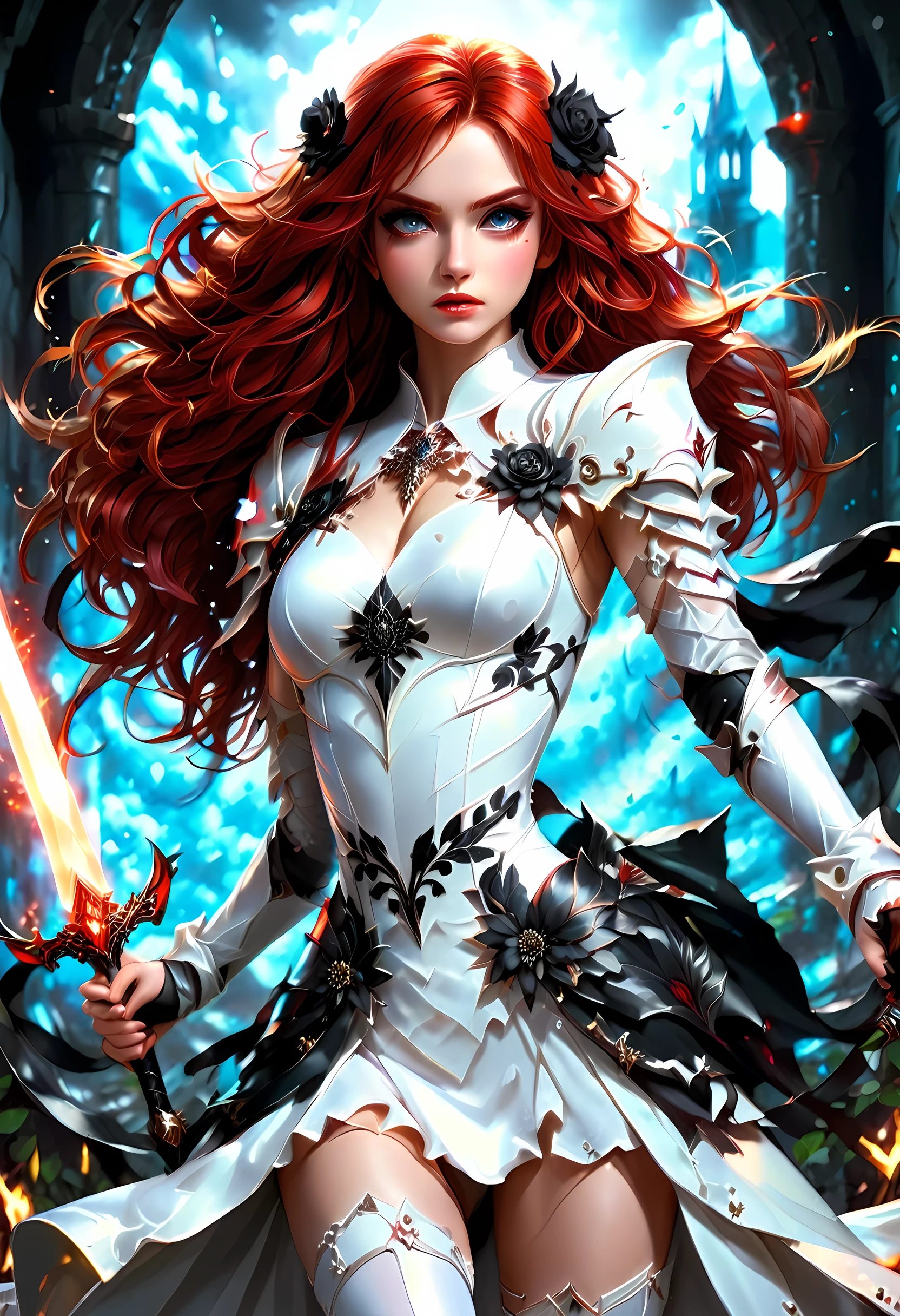 Arafed, action shot, Dark fantasy art, fantasy art, goth art, a picture of a female vampire, exquisite beauty, full body shot, dark glamour shot, pale white skin, red hair, long hair, wavy hair, dynamic eyes color eyes, glowing eyes, she wears a ((white: 1.3)) white tight suit, Armored Dress, she holds a sword in hand, (ready for battle: 1.4) , ((black roses: 1.5)) are imprinted on the suit, high heels, dark castle, dark, black and color, Dark Art Painting Style, flower dress, dark novel, flower dress