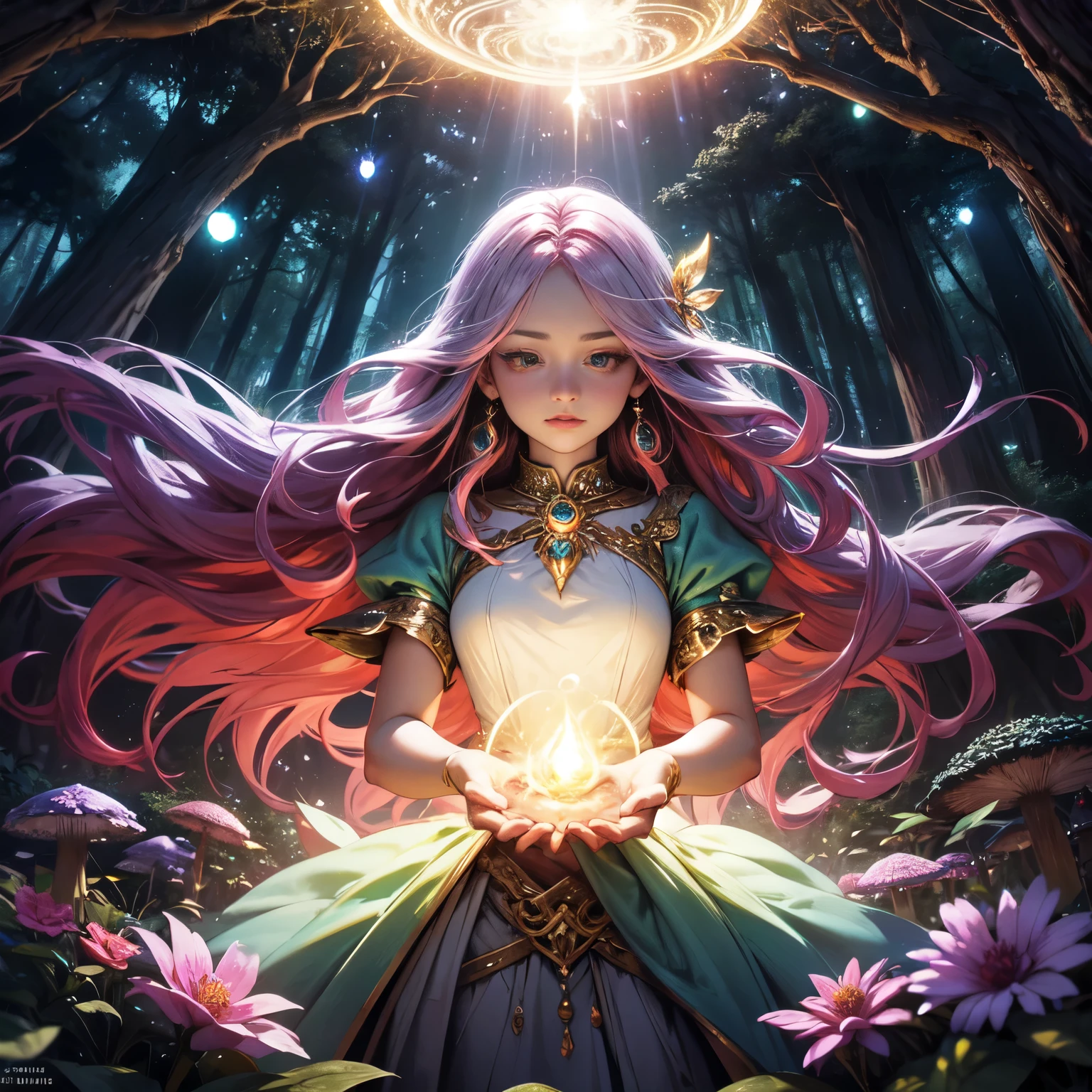 Create a detailed, cinematic image of a fairy with chlorokinesis powers. The character is a red-haired sorceress with long, shiny hair., vestindo um vestido vitoriano esmeralda com detalhes de ouro e prata. She wears rare jewelry accessories, como um diadema de ametistas, topaz bracelets and a brooch with a mystical opal that reflects all the colors of the rainbow. The fairy is in a magical clearing in the forest, surrounded by ancient trees with gnarled trunks and shimmering leaves. The time is night, com a lua cheia iluminando a clareira com uma luz prateada. The fairy is in the center of the clearing, surrounded by a circle of glowing mushrooms that emit a soft light. She is controlling luminous plants that grow quickly from the ground, forming complex patterns and colorful flowers. Plants emit a magical light, creating a spectacle of colors and sparkles. A fada possui o poder de controlar a energia vital da natureza, and his magic makes the entire clearing seem alive and pulsing. O ambiente ao redor inclui pequenos riachos que correm suavemente, rochas cobertas de musgo, and wildflowers that bloom at night. Fadas menores, forest creatures and magical animals, como cervos de luz e raposas espirituais, observam a fada de perto. The image should capture the ethereal beauty and serenity of the magical clearing, renderizada em 8k para garantir uma qualidade ultra HD.