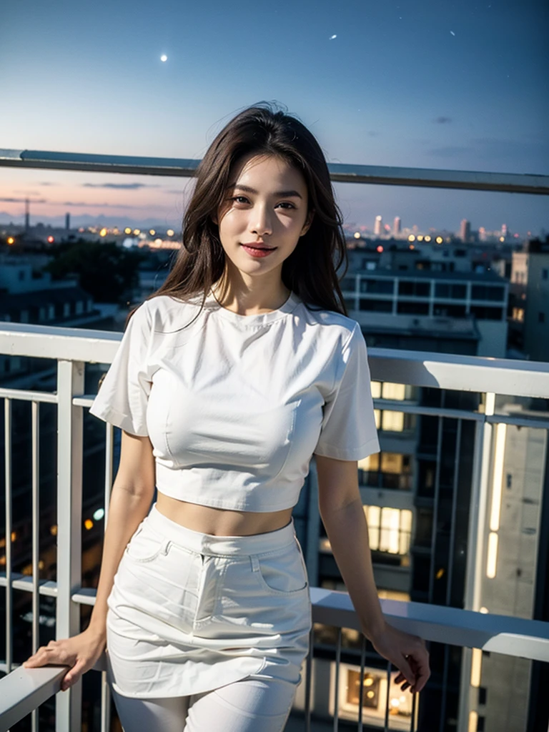 ((Best quality, 8k, Masterpiece :1.3)), Whole body, Long legs, Sharp focus :1.2, A pretty woman with perfect figure :1.4, Slender abs :1.1, ((Dark brown hair, Big breasts :1.2)), (Light fabric white shirt, Happy expression, Standing:1.2), ((Night city view, Balcony :1.3)), Highly detailed face and skin texture, Detailed eyes, Double eyelid