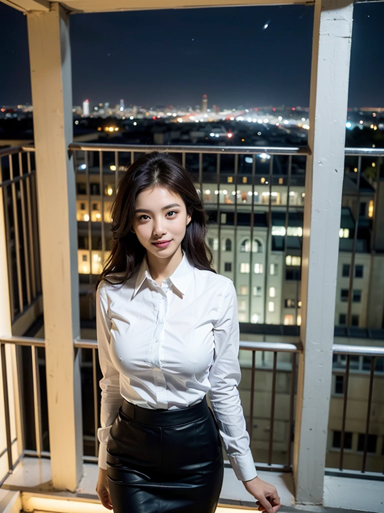 ((Best quality, 8k, Masterpiece :1.3)), Whole body, Long legs, Sharp focus :1.2, A pretty woman with perfect figure :1.4, Slender abs :1.1, ((Dark brown hair, Big breasts :1.2)), (Light fabric white shirt, Happy expression, Standing:1.2), ((Night city view, Balcony :1.3)), Highly detailed face and skin texture, Detailed eyes, Double eyelid