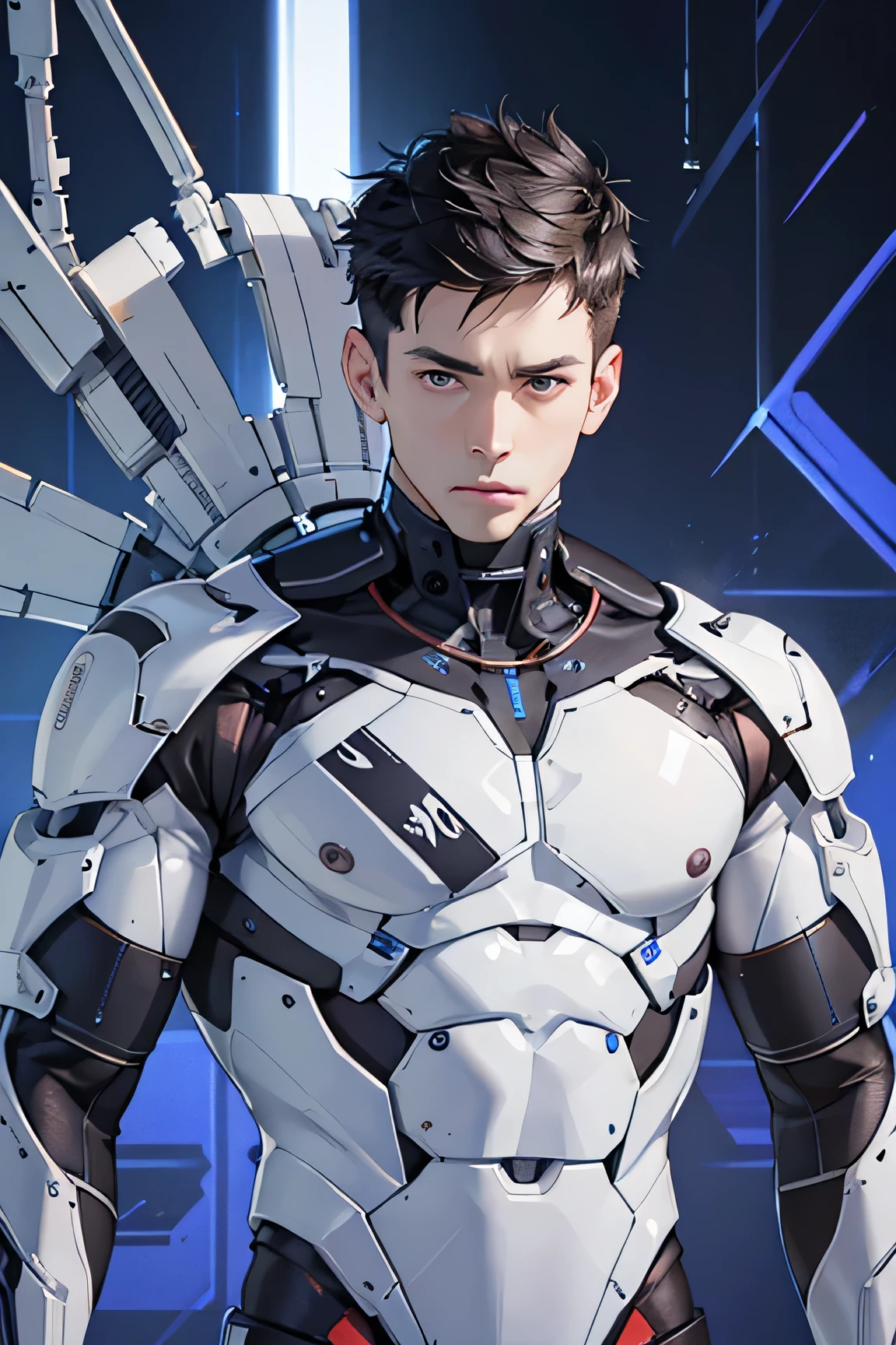 Handsome man 30 years old Japanese model Very short, cropped black hair Soft Macho Android White parts attached to bare skin on right side of body The right half of the body is bare skin with white mechanical parts White and blue mechanical parts attached to bare skin future