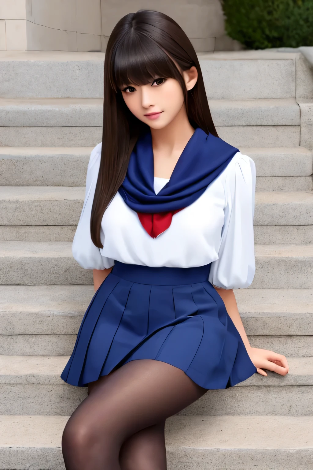 highest quality、masterpiece、Ultra-high resolution、(Realistic:1.4)、woman、Crossing legs、beautiful woman、White sailor suit、、Puff sleeves、Navy blue sailor color、Navy blue micro mini skirt、Pleated skirt、Ultra-realistic pantyhose、Black Pantyhose、Red scarf、Stiletto heels、Very large breasts、Long Hair、Straight Hair、Bangs、Brown Hair