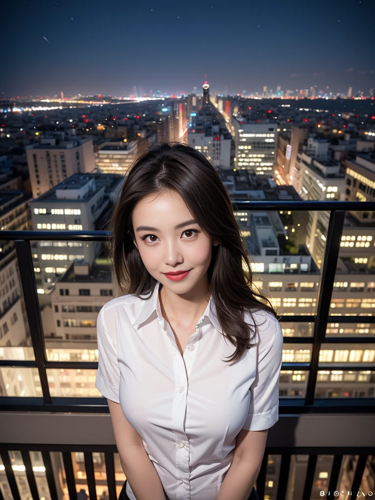 ((Best quality, 8k, Masterpiece :1.3)), Whole body, Long legs, Sharp focus :1.2, A pretty woman with perfect figure :1.4, Slender abs :1.1, ((Dark brown hair, Big breasts :1.2)), (Light fabric white shirt, Happy expression, Standing:1.2), ((Night city view, Balcony :1.3)), Highly detailed face and skin texture, Detailed eyes, Double eyelid