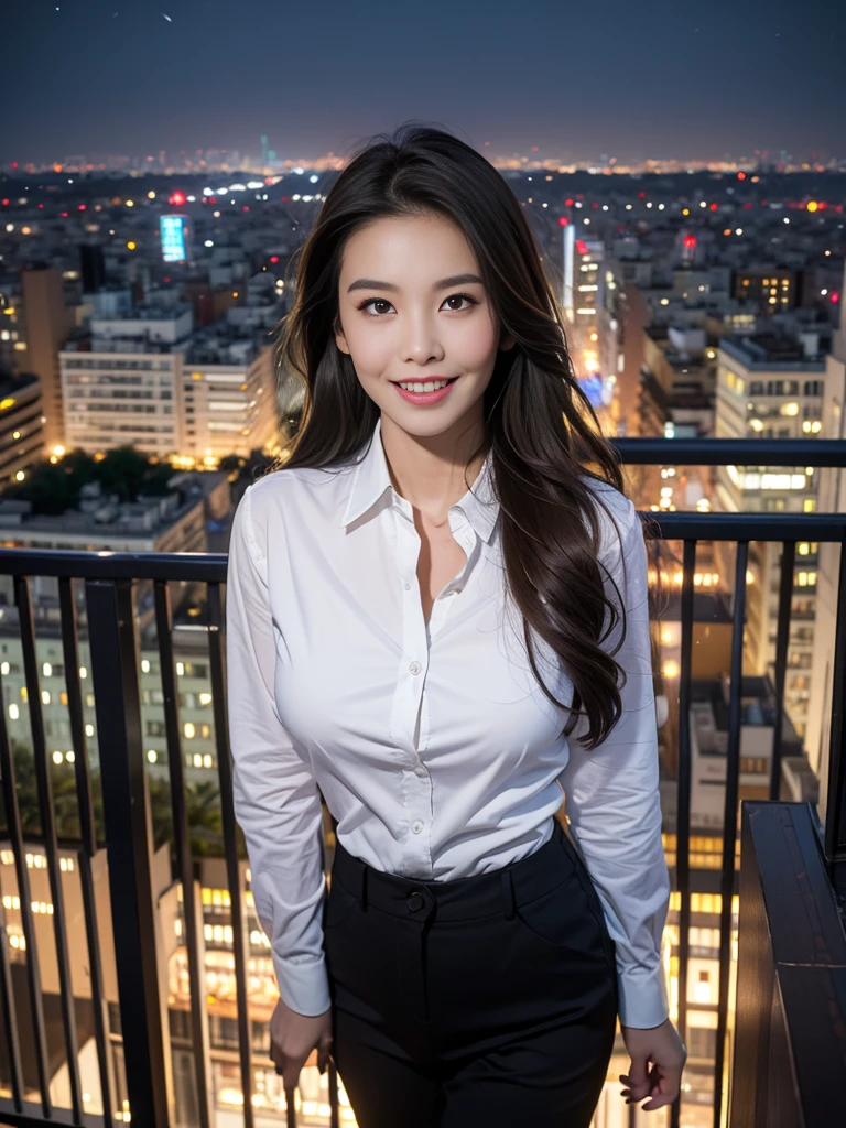 ((Best quality, 8k, Masterpiece :1.3)), Whole body, Long legs, Sharp focus :1.2, A pretty woman with perfect figure :1.4, Slender abs :1.1, ((Dark brown hair, Big breasts :1.2)), (Light fabric white shirt, Happy expression, Standing:1.2), ((Night city view, Balcony :1.3)), Highly detailed face and skin texture, Detailed eyes, Double eyelid