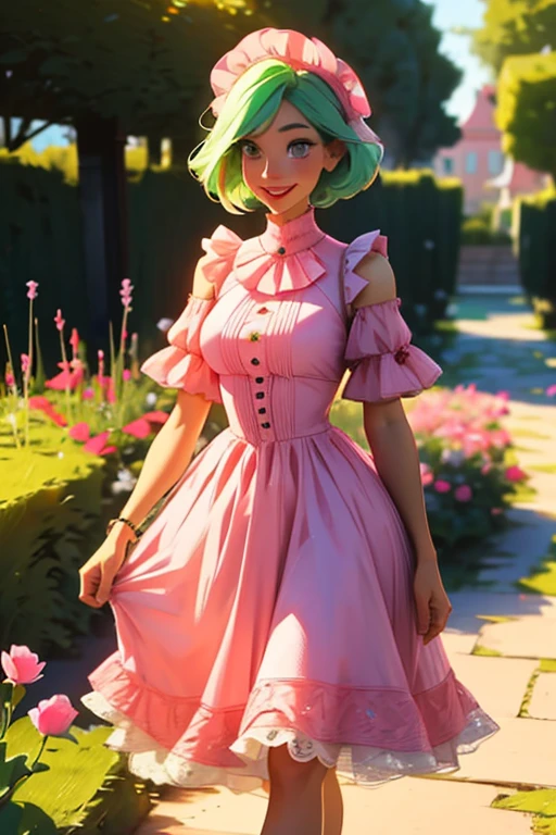A light green haired woman with pink eyes and an hourglass figure in a pink ta dress is walking through a garden with a big smile
