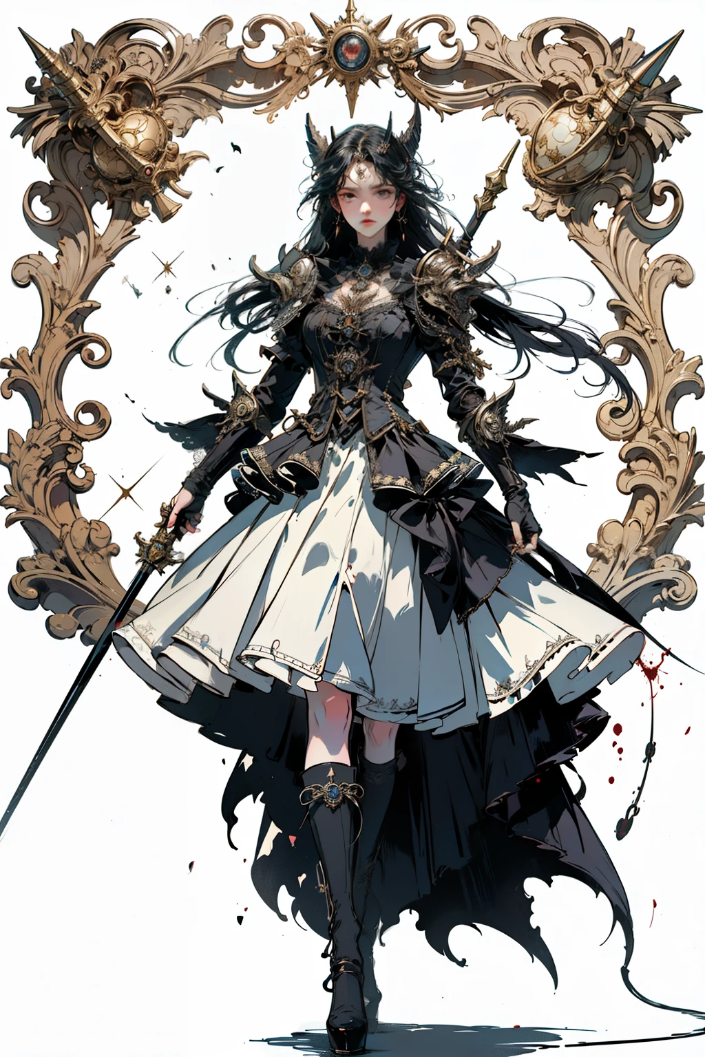 ((best quality)), ((masterpiece)), (detailed), perfect face ((best quality)), ((masterpiece)), (detailed), blank white background, plain background, white background, Bloodborne inspired, occult aesthetic, occult, detailed and intricate steampunk and detailed gothic, (zentangle, mandala, tangle, entangle), NSFW, torn clothing, Very dramatic and cinematic lighting, cosmic horror, grim-dark, side-lighting, perfect face, a beautiful goddess adorned and enshrined in armour, Bloodborne inspired , occult aesthetic , occult , detailed and intricate steampunk and detailed gothic , holding a spear or lance, NSFW, Fluttering lace flared short dress with frilly petticoats, knee length dress, pleated petticoats, ta dress, petticoats gothic loliside-lighting, gothic lolita aetic, beautiful small breasts, small breasts, full body, whole body, body, plain background, white background, blank background, no background, white background NSFW, full body, whole body, head-to-toe