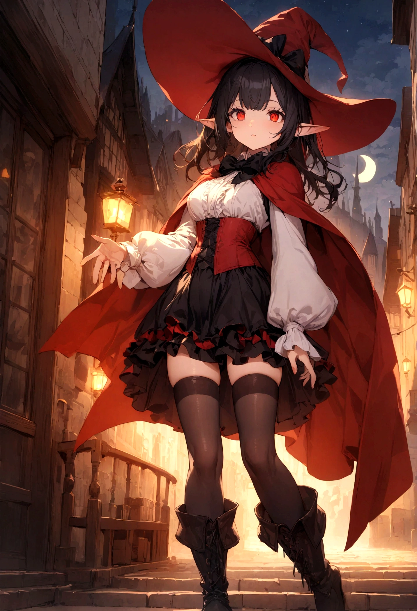 Anime girl, short black hair, Bangs are heavy, elf ears, red eyes, vampire, sorcerer, magician, witch, big witch hat, elegant,((best quality)), ((highly detailed)), masterpiece, absurdres, (detailed eyes, deep eyes), (1girl), puffy shirt, big bowtie, corset, skirt, stockings, boots, cape, Outside at night when the moon shines, frills, The sleeves are wide at the hem, long sleeve shirt