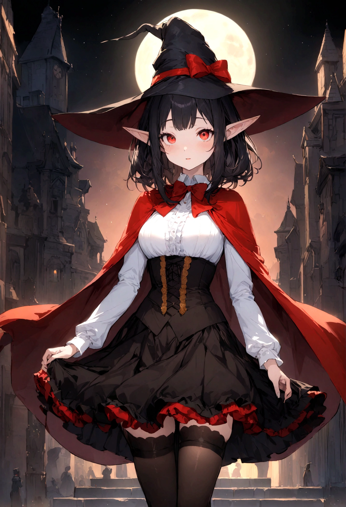 Anime girl, short black hair, Bangs are heavy, elf ears, red eyes, vampire, sorcerer, magician, witch, big witch hat, elegant,((best quality)), ((highly detailed)), masterpiece, absurdres, (detailed eyes, deep eyes), (1girl), puffy shirt, big bowtie, corset, skirt, stockings, boots, cape, Outside at night when the moon shines, frills, The sleeves are wide at the hem, long sleeve shirt