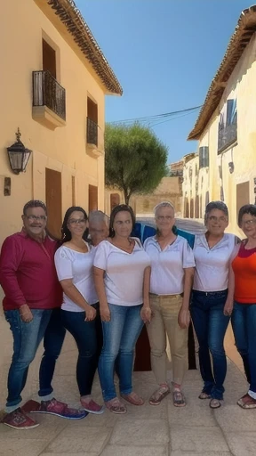 photo of a group of Spanish people gathered together in front of a residential village, focusing on the characters' faces.