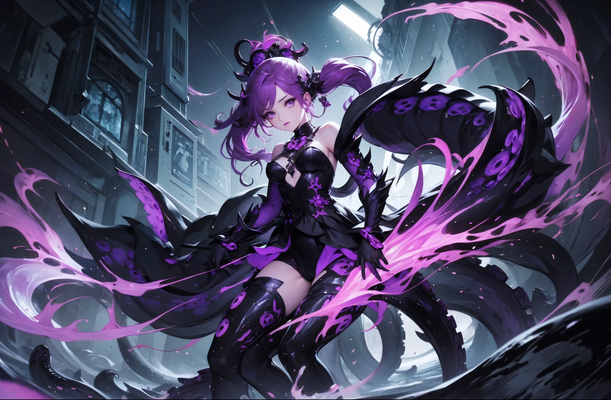 A girl whose lower body is a kraken. Scylla She's wearing a gothic dress. Her image colors are black and purple. jewelry accessories.