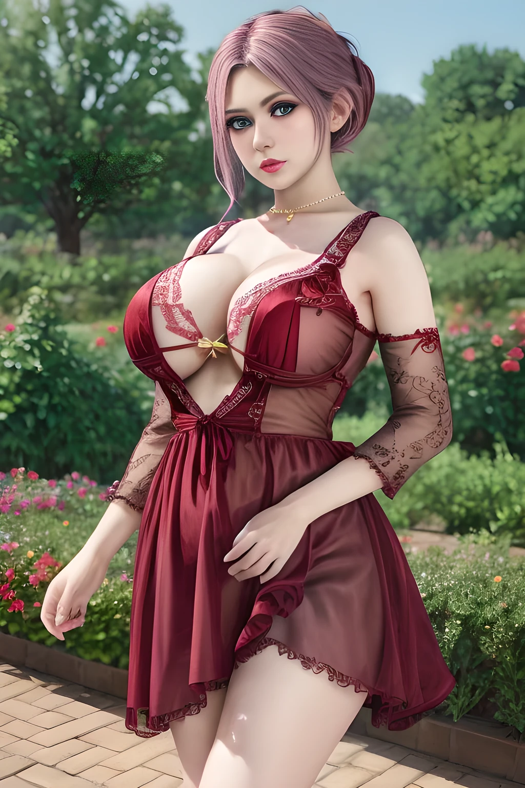 1girl,wore a red dress with delicate lace embellishments and her hair was tied up ,garden,moon,(huge breasts),lactating,(lip gloss),(masterpiece), best quality, (real life portrait photography:1.5),unltra detailed,8K,Shot with a professional-grade camera like the Nikon D850,every intricate detail is captured, from the subtlest expression to the glimmer of anticipation in her eyes,Focus on thighs and above,solo,  elise,