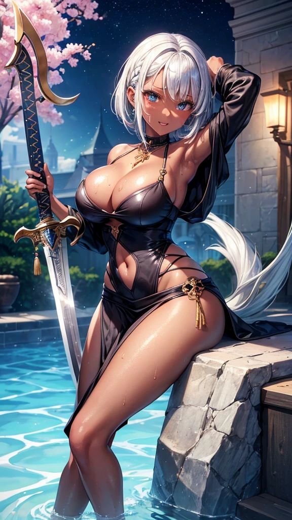 (highest quality)), ((masterpiece)), (Familiar), Perfect Face,Shiny skin,Beautiful breasts,how,Shiny skin、hoodie、Sunburned skin、Sweat、Off the shoulder、Double teeth
、Short Hair、Braided Hair、Silver Hair、Young、Big Breasts、Embrace、Night Pool、dark skin、Hold a great sword、close、near、Subjective