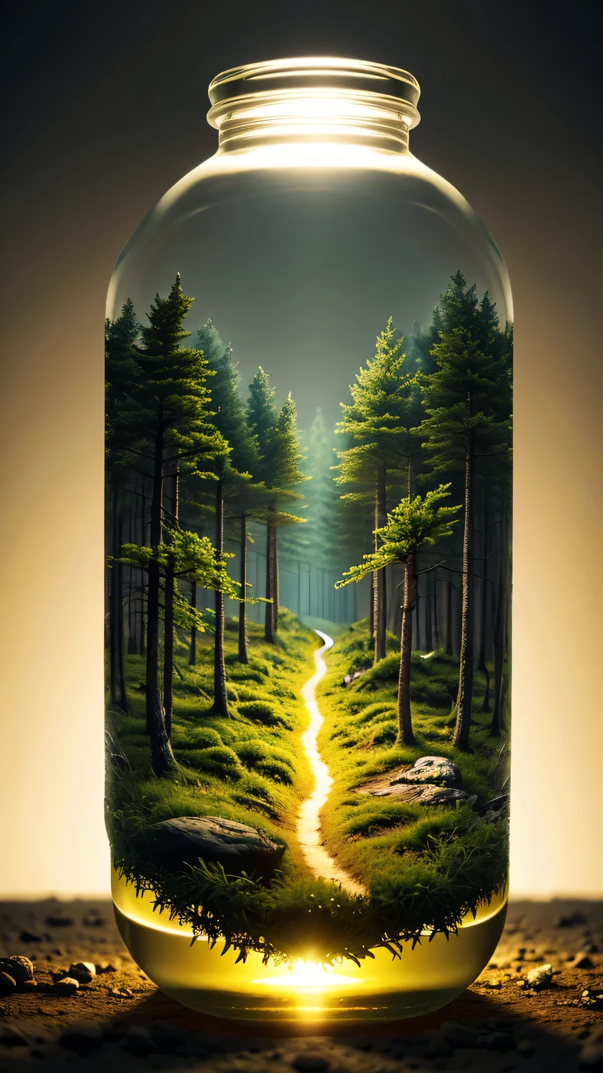 (An intricate forest minitown landscape trapped in a bottle), atmospheric oliva lighting, on the table, 4k UHD, dark vibes, hyper detailed, vibrant colours forest background, epic composition, octane render, sharp focus, high resolution isometric