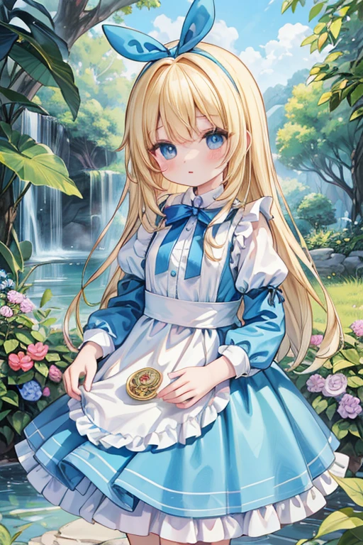 (Official Art、highest quality、unity 8k wallpaper、32k、masterpiece、Very detailed、超A high resolution)、Fantasy、((Alice in Wonderland))、1 female, 12 years old、blonde、Long Hair、Blue colored eyes、Blue Apron Dress、Trump'soldier、rabbit with a clock、Red Rose、White Rose、Stand in front of the house、suit thug