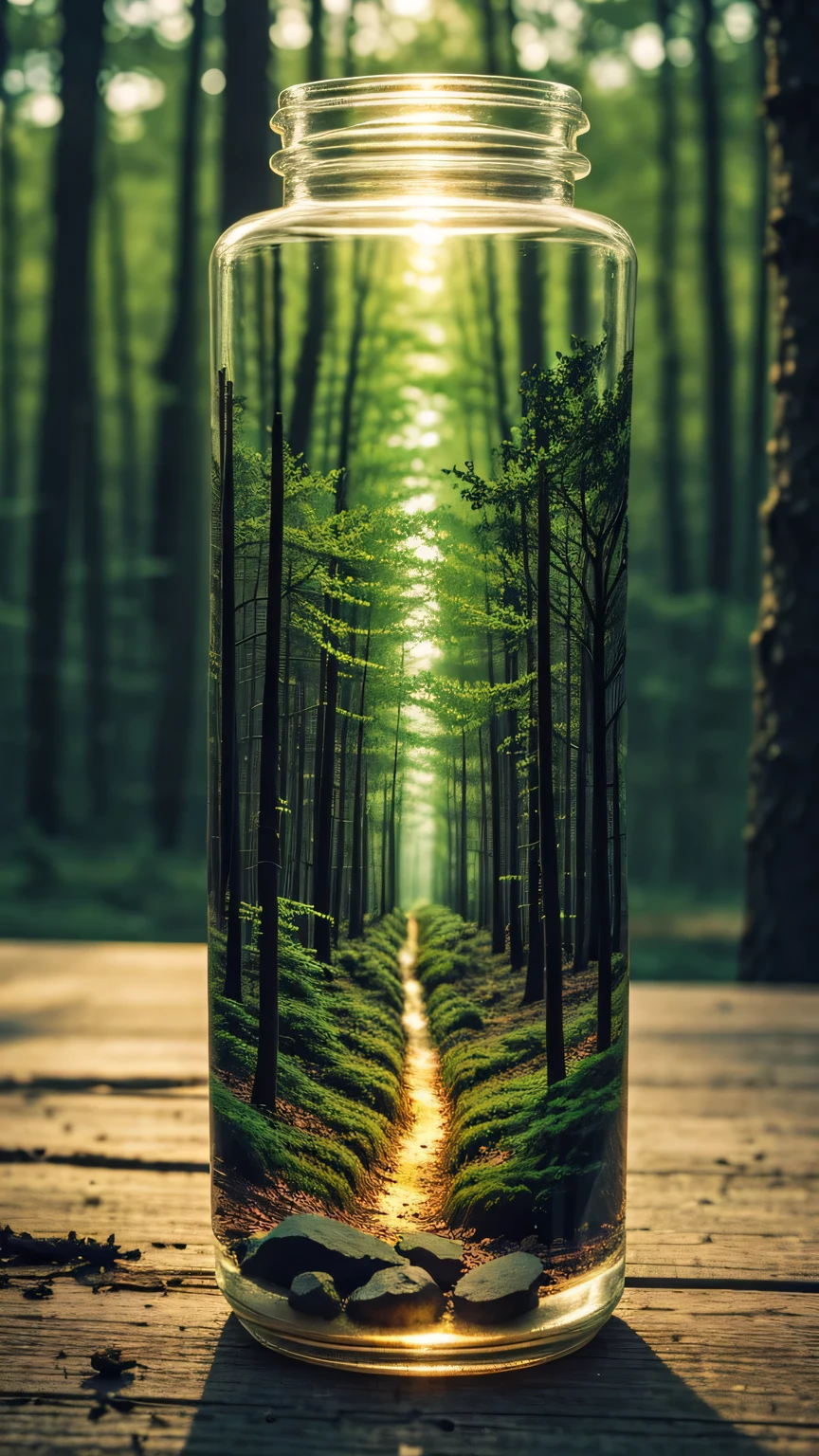 (An intricate forest minitown landscape trapped in a bottle), atmospheric oliva lighting, on the table, 4k UHD, dark vibes, hyper detailed, vibrant colours forest background, epic composition, octane render, sharp focus, high resolution isometric