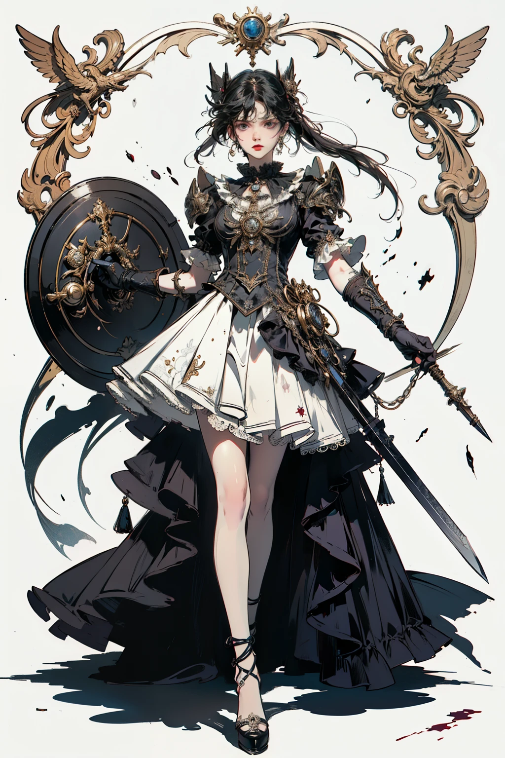 ((best quality)), ((masterpiece)), (detailed), perfect face ((best quality)), ((masterpiece)), (detailed), blank white background, plain background, white background, victorian era inspired floral background, Bloodborne inspired, occult aesthetic, occult, detailed and intricate steampunk and detailed gothic, (zentangle, mandala, tangle, entangle), NSFW, torn clothing, Very dramatic and cinematic lighting, cosmic horror, grim-dark, side-lighting, perfect face, a beautiful goddess adorned and enshrined in armour, Bloodborne inspired , occult aesthetic , occult , detailed and intricate steampunk and detailed gothic , wielding a sword and holding a shield, NSFW, Fluttering lace flared short dress with frilly petticoats, knee length dress, pleated petticoats, ta dress, petticoats gothic loliside-lighting, gothic lolita aetic, beautiful small breasts, small breasts, full body, whole body, body, plain background, white background, blank background, no background, white background NSFW, full body, whole body, head-to-toe