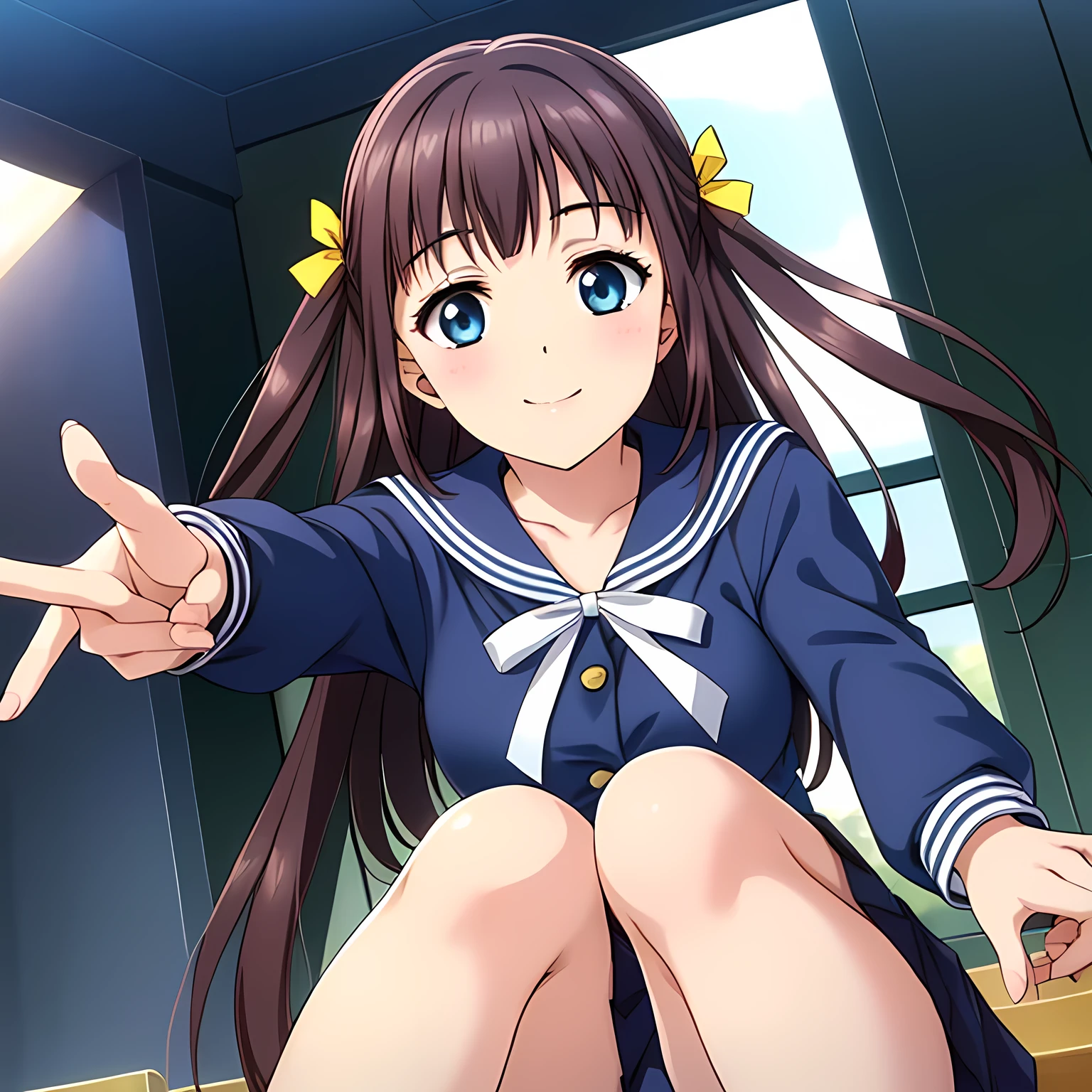 (highest quality, masterpiece:1.2), highest quality, High resolution, 1080p, 8K, CG of the heroine of a beautiful girl game, Height: 158cm, A beautiful woman with a smile falls upside down from the sky like an angel, A face that everyone loves, Glossy lips, Even bangs, Double, Long eyelashes on both the top and bottom, Big wide blue eyes, The very large and thick yellow ribbon bowtie is very cute., Beautiful, shiny, long black hair, ((A long, neat, dark navy pleated skirt)), (((A long-sleeved navy blue sailor uniform for winter, all dark blue in color))), ((Navy blue jacket)), Ribbon in hair, Thick calves, Tight waist, Approaching the viewer with open arms, ((Talking to the audience)), ((Trying to kiss)), A very sacred temple in the sky, Shooting from below, ((Blur the background))