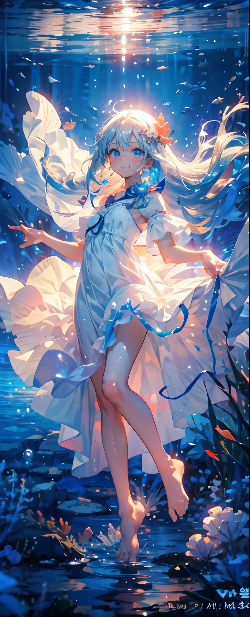 (Mastepiece), (Best Quality), Very detailed、1 girl、Perfect Face、(Full body photography:1.3), Very detailedな顔、(Long white hair:1.5)、(blue eyes:1.4)、(In the water:1.4)、(White Dress:1.5)、(barefoot:1.4)、smile、Ocean、Coral Reef、There are lots of colorful fish、School of small fish、Light、Bubble、jellyfish、Ocean藻、(深Ocean:1.4)、Fantasy、Ocean底、Floating