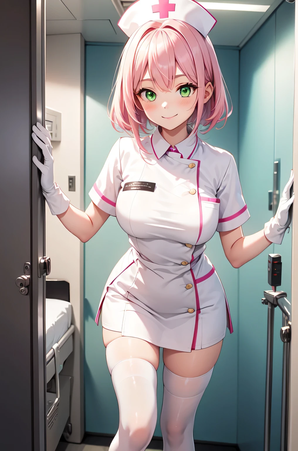 1girl, solo, nurse, white nurse cap, white nurse uniform, ((white legwear, zettai ryouiki)), white gloves, pink hair, green eyes, drooping eyes, smile, standing, ((hospital room)), sharp outline, short sleeves, best quality, masterpiece