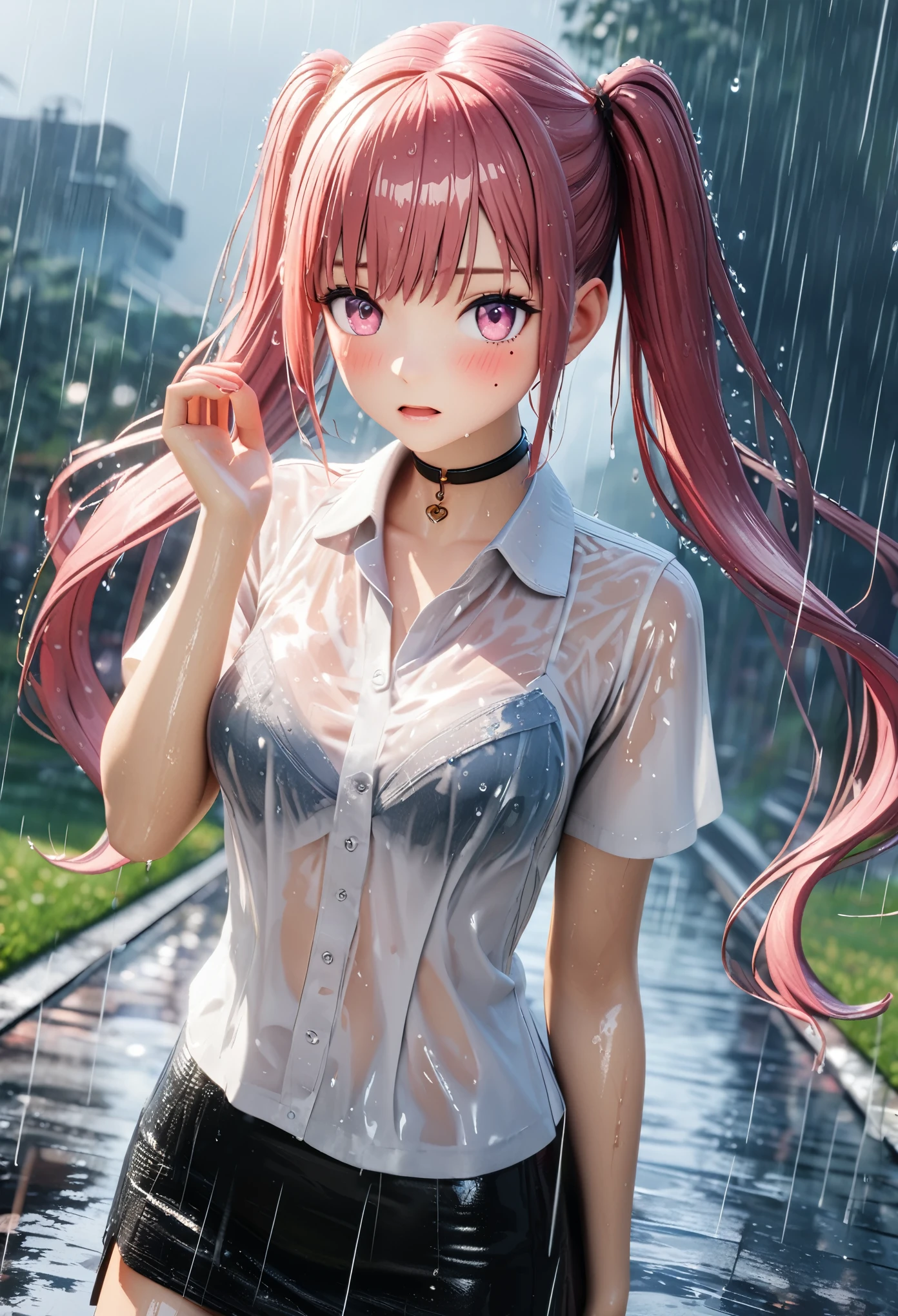 masterpiece, best quality, very detailed, high resolution, expensive resolution, high resolution, 4K, 8k, Unity 8k wallpaper, highly detailed CG, masterpiece, 2D, 3D, beautiful details, depth, fine texture, best quality: 1.3, perfect focus, transparent skin, him, rain, wet, wet clothes: 1.2
Very cute anime girl, (bra visible through white blouse wet from pouring rain, miniskirt), large breasts, expensive twin tails hair, one girl, rain, (raindrops dripping from wet hair, bra visible through thin blouse wet from rain, miniskirt), mole under eye, looks at the viewer, expensive, blush, mole, open lips, heart, pink eyes, choker, white transparent bra