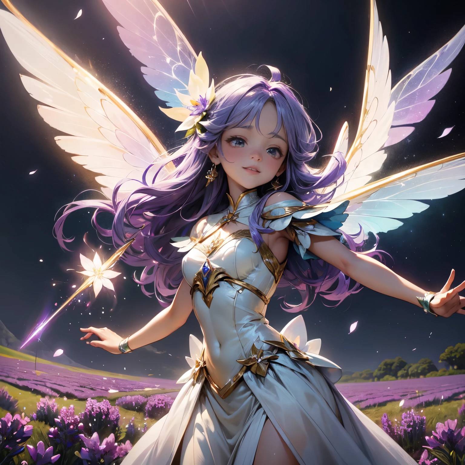 (parte mestre), (melhor qualidade de imagem), 8K, alto detalhe, Super Detalhe. A beautiful and magical flower fairy with delicate features is flying in the air. She holds a magic wand in her hand and is performing magic, emitindo uma luz suave e brilhante que simboliza seu amor pela magia e sua capacidade de fazer florescer flores e alegria. Her translucent wings on her back flash a rainbow of brilliant colors as she flies over a field of magical lavenders.. The background is a vast expanse of lavender in full bloom., com um perfume encantador que enche o ar. The fairy&#39;s presence fills the field with an enchanting sensation, casting a magical light that makes the lavenders glow with an ethereal intensity. Her dress is woven from lavender petals and delicate leaves., integrando-se perfeitamente com o ambiente florido. The fairy&#39;s expression is calm, Reflecting your deep connection to nature and the harmonious energy that flows through it. The image is a realistic close-up, altamente detalhado e intrincado, capturing the ethereal nature of the flower fairy and blending her captivating presence with the serene beauty of the lavender field.