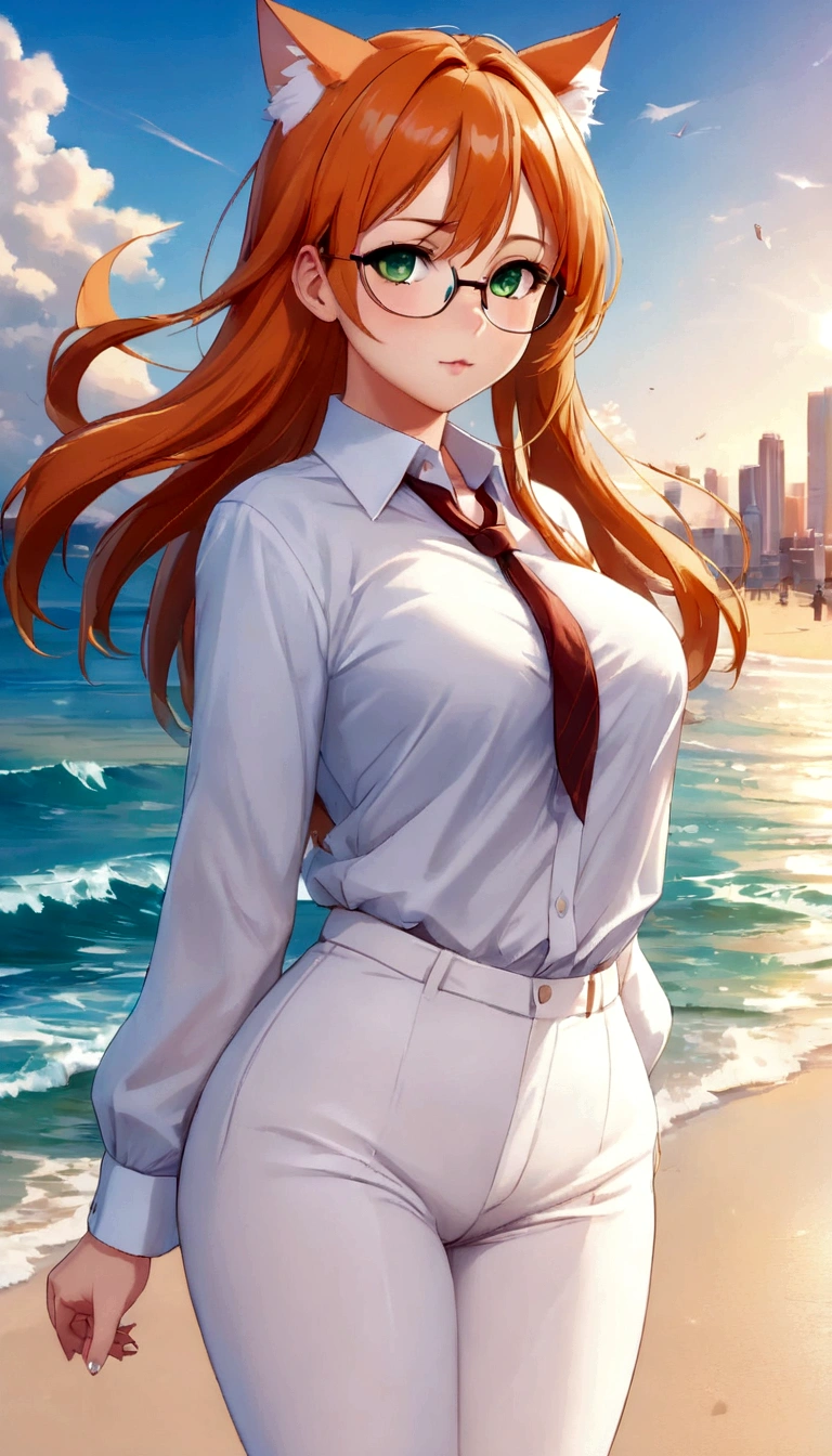 (masterpiece, Best quality), 8K, ultra detailed, realistic photo, Detailed face, perfect lighting, green eyes, bright orange hair, bright hair, fox ears, nice legs, side photo, beautiful, Cute, skin pores, 1 girl, perfect shirt, fully dressed, beautiful women 30 years old, Beautiful proportions, Russian woman, Caucasian, European, Business lady, stunningly beautiful woman, mother, thick legs, show ass, big breasts, (Thin white shirt:1.4), thick, hot, (White Office Wear:1.4), tight pants, (wide hips:1.2), thick, (white Office pants:1.3), spread your legs, Legs open, full length, wide hips, Glasses, with long orange hair, standing on the beach near the ocean, green eyes detailed digital anime art, cat ear, anime girl with long hair, гладкое аниме cg art, anime girl with long hair, digital anime art, work in Guweiz style, Beautiful anime portrait, Photorealistic render of an anime girl, pantyhose, Beautiful anime girl, advanced digital anime art, guweiz на artstation pixiv HD UHD HQ