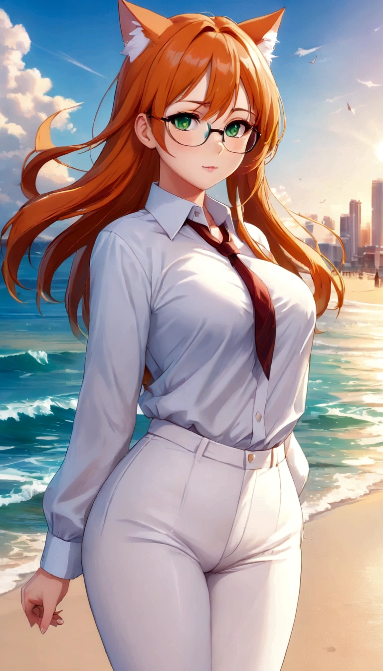 (masterpiece, Best quality), 8K, ultra detailed, realistic photo, Detailed face, perfect lighting, green eyes, bright orange hair, bright hair, fox ears, nice legs, side photo, beautiful, Cute, skin pores, 1 girl, perfect shirt, fully dressed, beautiful women 30 years old, Beautiful proportions, Russian woman, Caucasian, European, Business lady, stunningly beautiful woman, mother, thick legs, show ass, big breasts, (Thin white shirt:1.4), thick, hot, (White Office Wear:1.4), tight pants, (wide hips:1.2), thick, (white Office pants:1.3), spread your legs, Legs open, full length, wide hips, Glasses, with long orange hair, standing on the beach near the ocean, green eyes detailed digital anime art, cat ear, anime girl with long hair, гладкое аниме cg art, anime girl with long hair, digital anime art, work in Guweiz style, Beautiful anime portrait, Photorealistic render of an anime girl, pantyhose, Beautiful anime girl, advanced digital anime art, guweiz на artstation pixiv HD UHD HQ