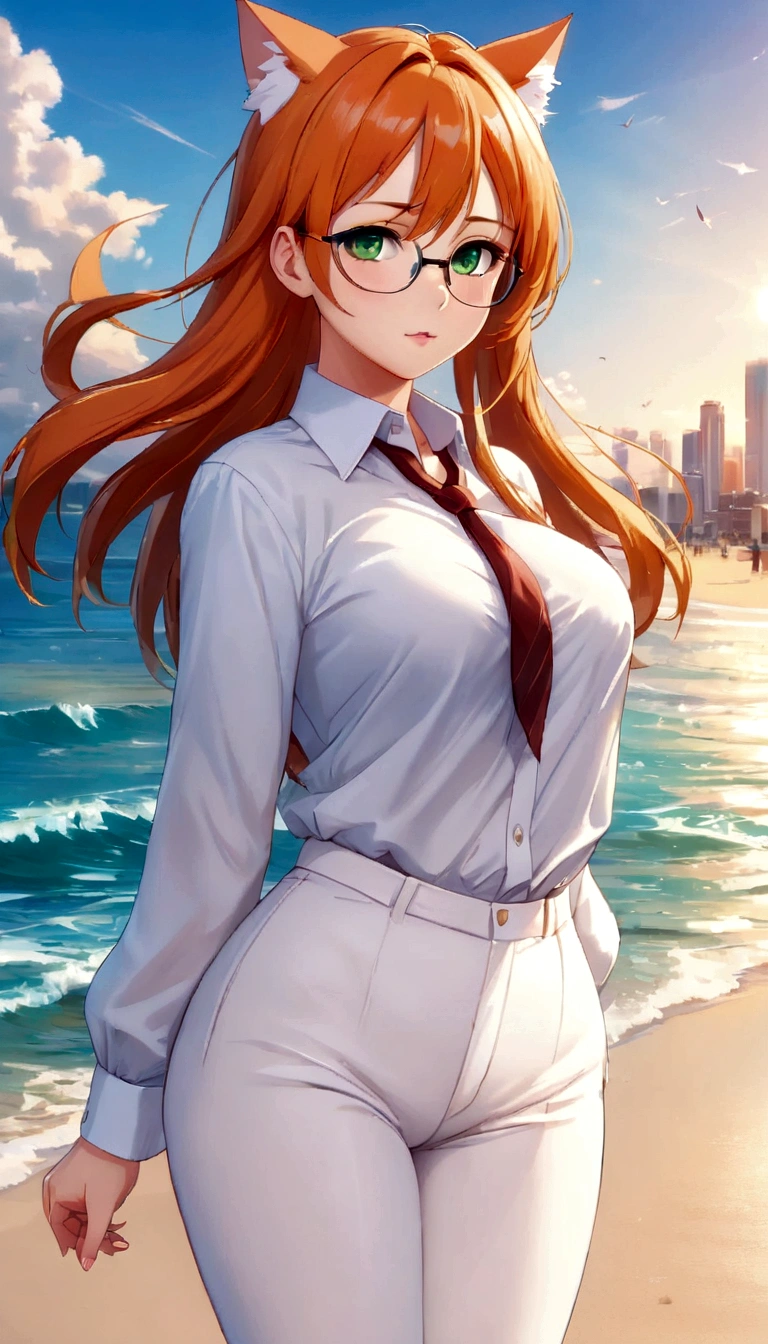 (masterpiece, Best quality), 8K, ultra detailed, realistic photo, Detailed face, perfect lighting, green eyes, bright orange hair, bright hair, fox ears, nice legs, side photo, beautiful, Cute, skin pores, 1 girl, perfect shirt, fully dressed, beautiful women 30 years old, Beautiful proportions, Russian woman, Caucasian, European, Business lady, stunningly beautiful woman, mother, thick legs, show ass, big breasts, (Thin white shirt:1.4), thick, hot, (White Office Wear:1.4), tight pants, (wide hips:1.2), thick, (white Office pants:1.3), spread your legs, Legs open, full length, wide hips, Glasses, with long orange hair, standing on the beach near the ocean, green eyes detailed digital anime art, cat ear, anime girl with long hair, гладкое аниме cg art, anime girl with long hair, digital anime art, work in Guweiz style, Beautiful anime portrait, Photorealistic render of an anime girl, pantyhose, Beautiful anime girl, advanced digital anime art, guweiz на artstation pixiv HD UHD HQ