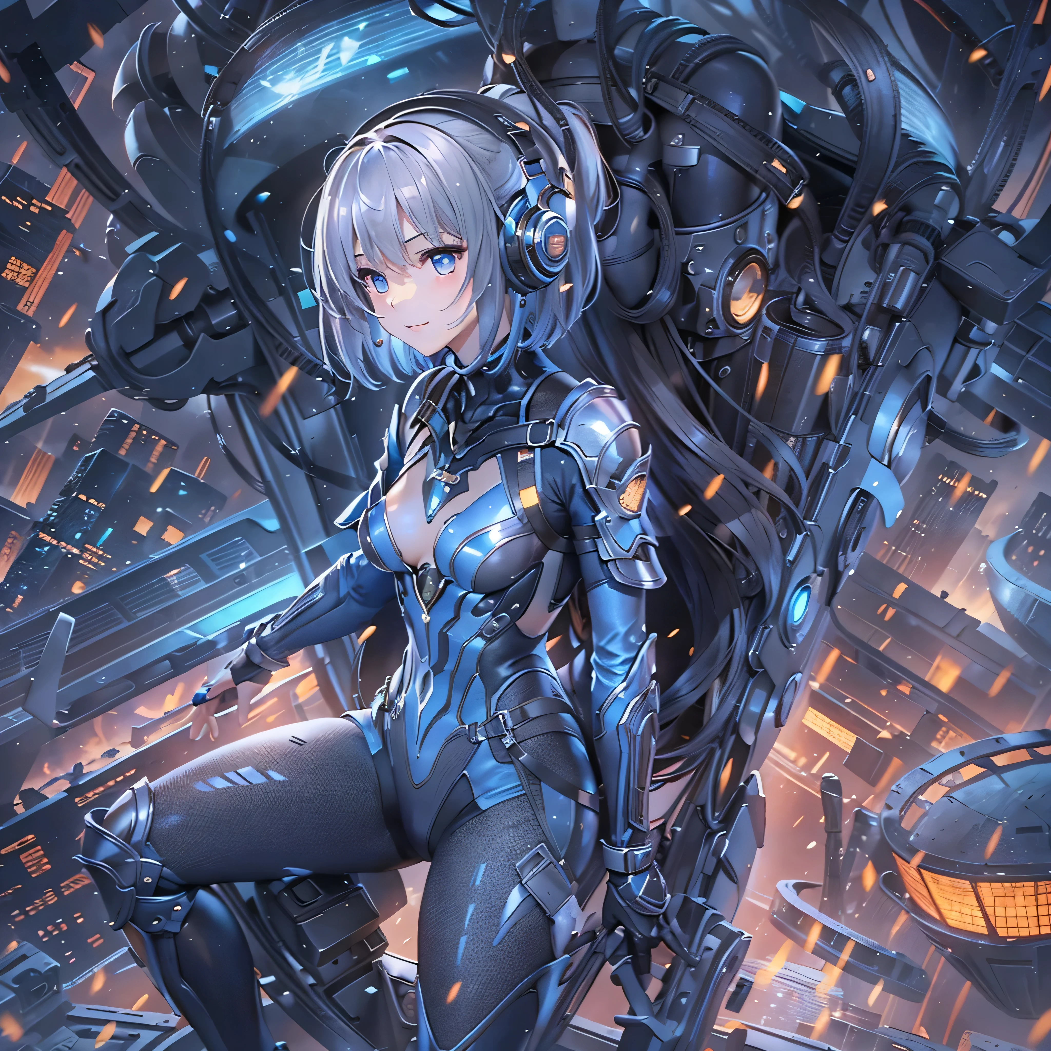 (masterpiece、highest quality、Highest Resolution、Clear_image、Detailed details、Angle from above): (Whole body、One 20 year old girl、Japanese Faces、Small Face、Slender、Navy blue super short bob cut hair、(Hidden small breasts:1.3)、Sparkling blue eyes、Shiny pilot suit in blue and black colors、Chest protection armor、Tight fitting clothes、Clothing that covers the whole body、Glamorous clothes、Tight Fit Pants、Hide your skin、Very delicate and beautiful、Detailed Skin、hide thighs、Hide your ass、Cute、A gentle smile、Soft expression、heroine、headset、Knee-high boots、Elbow-length gloves、Eye Level Shot、Face directly、Woman on a spaceship)