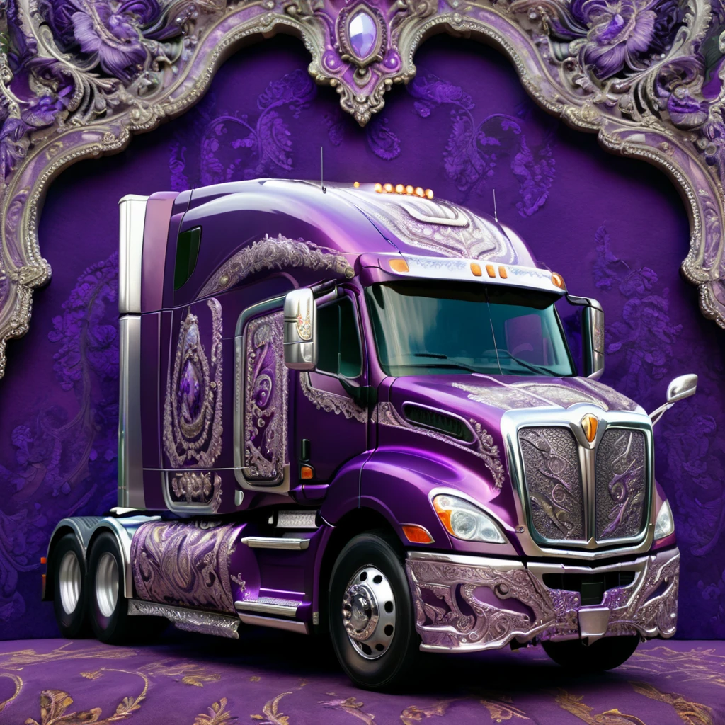 a highly detailed 18-wheeler truck, embroidered with intricate patterns, double stitching, silver beads along the edges, set against a vibrant purple baroque background, award-winning digital art, 8k, photorealistic, extremely detailed, cinematic lighting, volumetric lighting, dramatic shadows, lush colors, elegant, ornate, luxurious, masterpiece