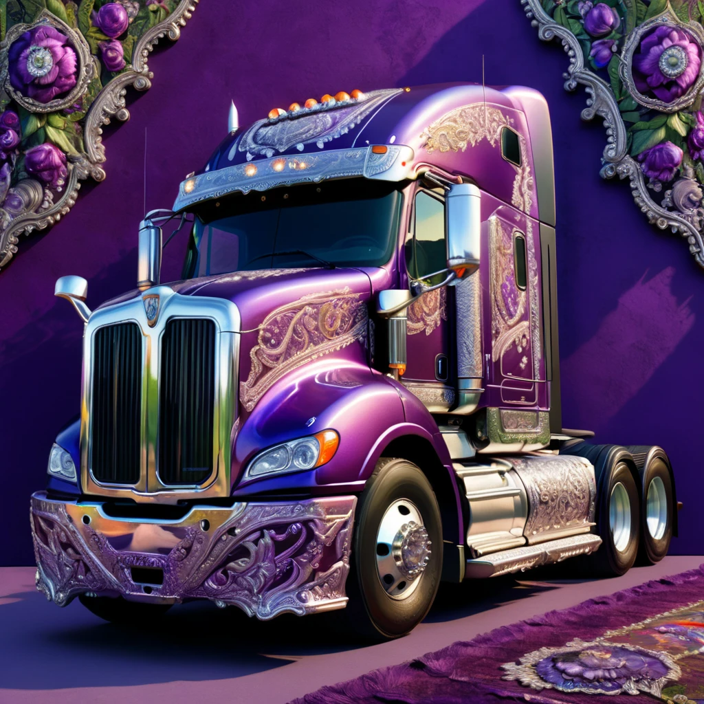 a highly detailed 18-wheeler truck, embroidered with intricate patterns, double stitching, silver beads along the edges, set against a vibrant purple baroque background, award-winning digital art, 8k, photorealistic, extremely detailed, cinematic lighting, volumetric lighting, dramatic shadows, lush colors, elegant, ornate, luxurious, masterpiece