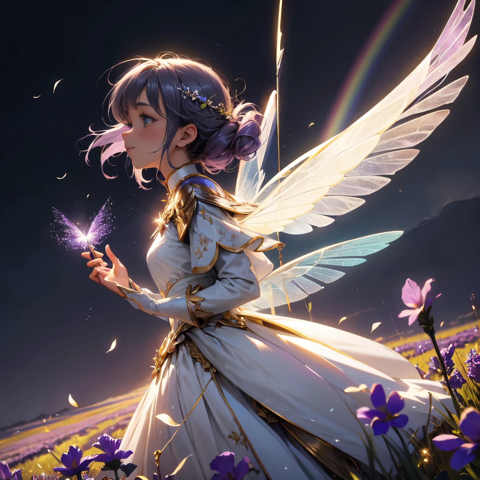 (parte mestre), (melhor qualidade de imagem), 8K, alto detalhe, Super Detalhe. A beautiful and magical flower fairy with delicate features is flying in the air. She holds a magic wand in her hand and is performing magic, emitindo uma luz suave e brilhante que simboliza seu amor pela magia e sua capacidade de fazer florescer flores e alegria. Her translucent wings on her back flash a rainbow of brilliant colors as she flies over a field of magical lavenders.. The background is a vast expanse of lavender in full bloom., com um perfume encantador que enche o ar. The fairy's presence fills the field with an enchanting sensation, casting a magical light that makes the lavenders glow with an ethereal intensity. Her dress is woven from lavender petals and delicate leaves., integrando-se perfeitamente com o ambiente florido. The fairy's expression is calm, Reflecting your deep connection to nature and the harmonious energy that flows through it. The image is a realistic close-up, altamente detalhado e intrincado, capturing the ethereal nature of the flower fairy and blending her captivating presence with the serene beauty of the lavender field.