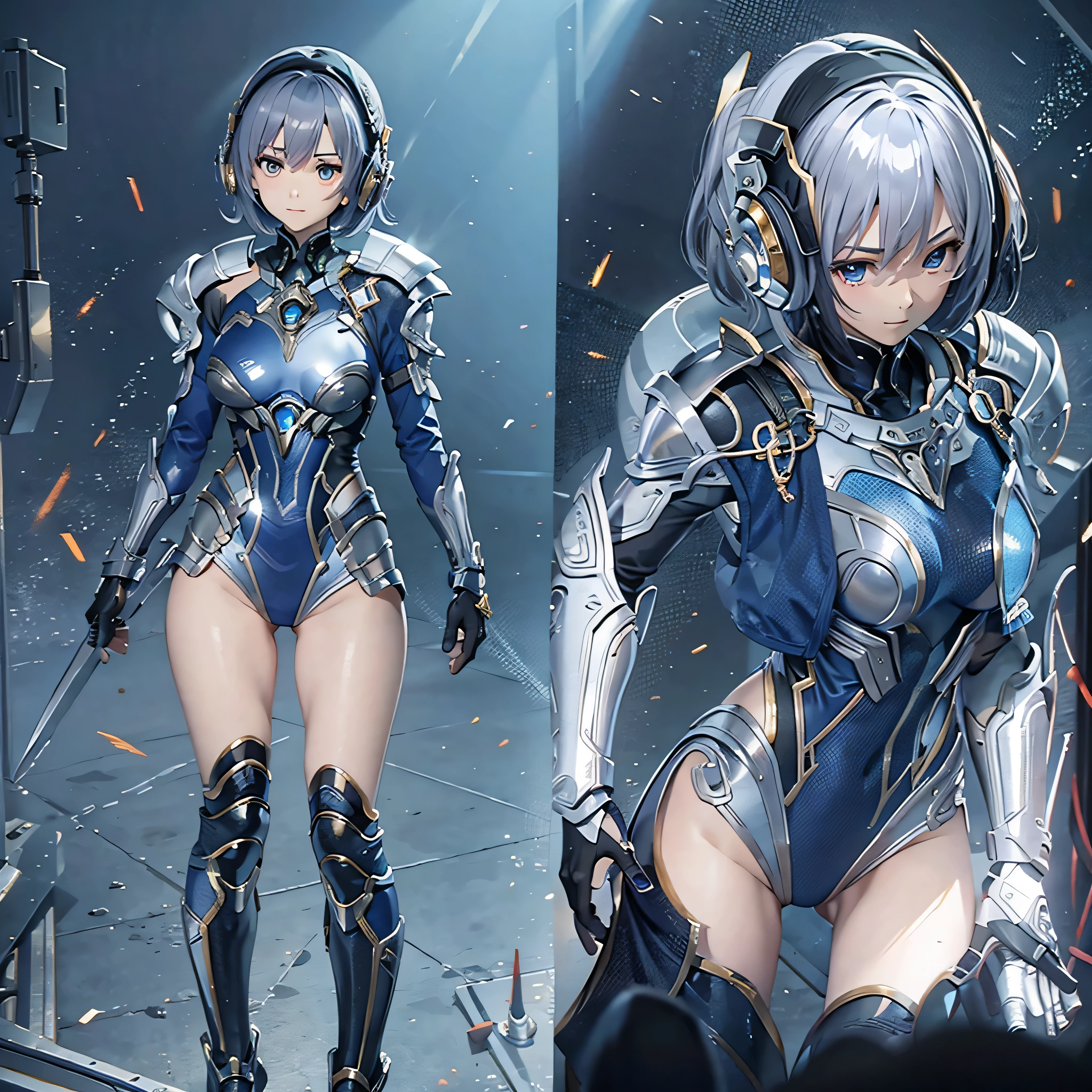 (masterpiece、highest quality、Highest Resolution、Clear_image、Detailed details、Angle from above): (Whole body、One 20 year old girl、Japanese Faces、Small Face、Slender、Navy blue super short bob cut hair、(Hidden small breasts:1.3)、Sparkling blue eyes、Shiny pilot suit in blue and black colors、Chest protection armor、Tight fitting clothes、Clothing that covers the whole body、Glamorous clothes、Tight Fit Pants、Hide your skin、Very delicate and beautiful、Detailed Skin、hide thighs、Hide your ass、Cute、A gentle smile、Soft expression、heroine、headset、Knee-high boots、Elbow-length gloves、Eye Level Shot、Face directly、Woman on a spaceship)