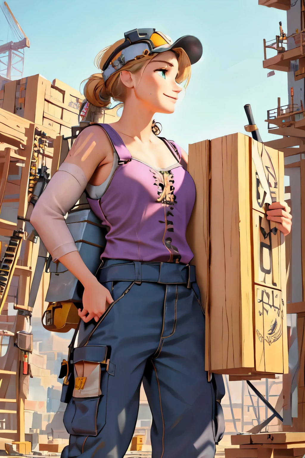 (masterpiece:1.2), (best quality), (ultra detailed), (8k, 4k, intricate),(highly detailed:1.2),(detailed face:1.2), (highly detailed background of construction site wth rebar and cranes),(portrait),detailed landscape,(action pose:1.2),rapunzel  1girl, solo, long hair, looking away from viewer, smile, blonde hair, long sleeves, dress, walking with urgency, side profile of entire body walking, side view of face, very long hair tied up, green eyes, carpenter, woodworker, construction worker, contractor 

Rapunzel portrayed as a construction worker, carrying a large long wooden beam on her shoulder, dressed in carpenters attire, baggy cargo overalls, suspenders, tools in pockets, safety goggles, work gloves, wearing a hardhat/safety helmet, durable work boots, knee pads, bandana, tattoos with floral and sun motifs visble, sweating from brow, determined smirk, holding woodworking tools, working on a construction site, tools and machinery are visble, curvy, beautiful 