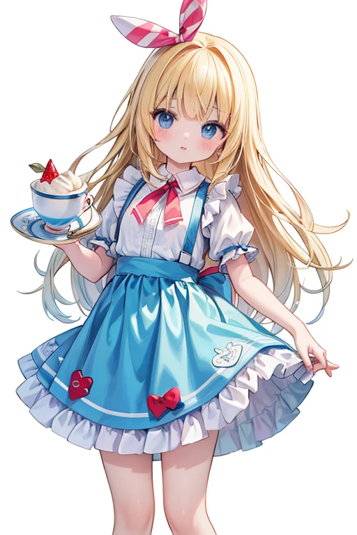 (Official Art、highest quality、unity 8k wallpaper、32k、masterpiece、Very detailed、超A high resolution)、Fantasy、((Alice in Wonderland))、1 female, 12 years old、blonde、Long Hair、Blue colored eyes、Blue Apron Dress、Trump&#39;soldier、rabbit with a clock、Red Rose、White Rose、Stand in front of the house、suit thug
