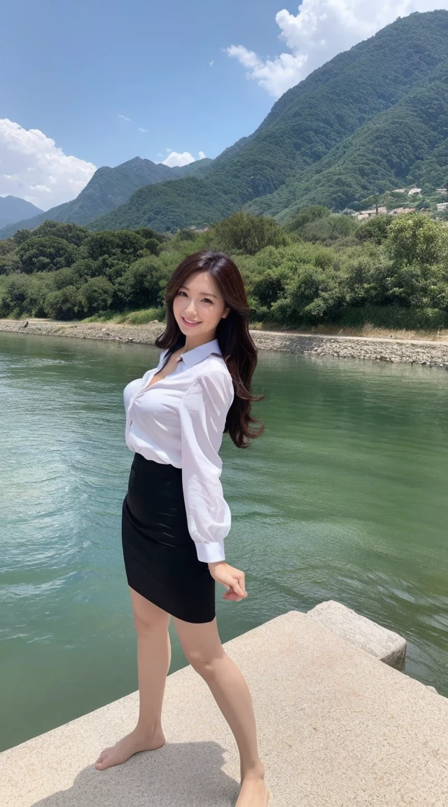 detailed,Clear lines,highest quality, masterpiece,Bright and dark light、Canon Photo Crystal Clear ,(Realistically:1.2), (Business Blouse、Business Skirt)、Action pose、Take a full body photo、smile、Glamour body type、Medium Long Hair、((Wind))、valley、Step into the river、barefoot