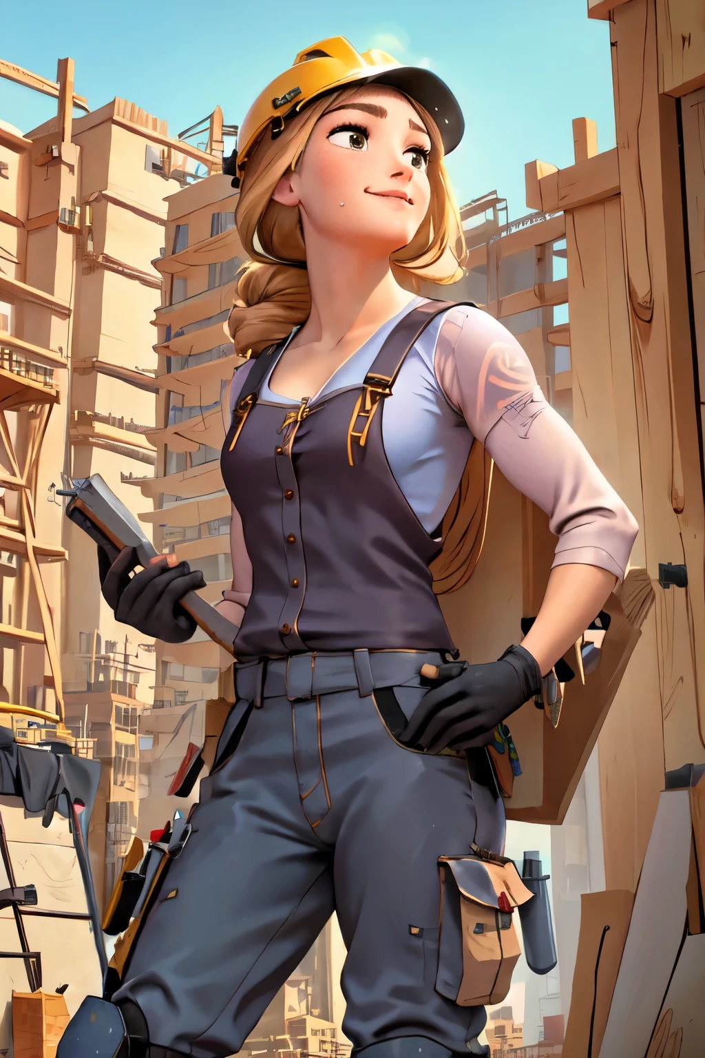 (masterpiece:1.2), (best quality), (ultra detailed), (8k, 4k, intricate),(highly detailed:1.2),(detailed face:1.2), (highly detailed background of construction site wth rebar and cranes),(portrait),detailed landscape,(action pose:1.2),rapunzel  1girl, solo, long hair, looking away from viewer, smile, blonde hair, long sleeves, dress, walking with urgency, side profile of entire body walking, side view of face, very long hair tied up, green eyes, carpenter, woodworker, construction worker, contractor 

Rapunzel portrayed as a construction worker, carrying a large long wooden beam on her shoulder, dressed in carpenters attire, baggy cargo overalls, suspenders, tools in pockets, safety goggles, work gloves, wearing a hardhat/safety helmet, durable work boots, knee pads, bandana, tattoos with floral and sun motifs visble, sweating from brow, determined smirk, holding woodworking tools, working on a construction site, tools and machinery are visble, curvy, beautiful 