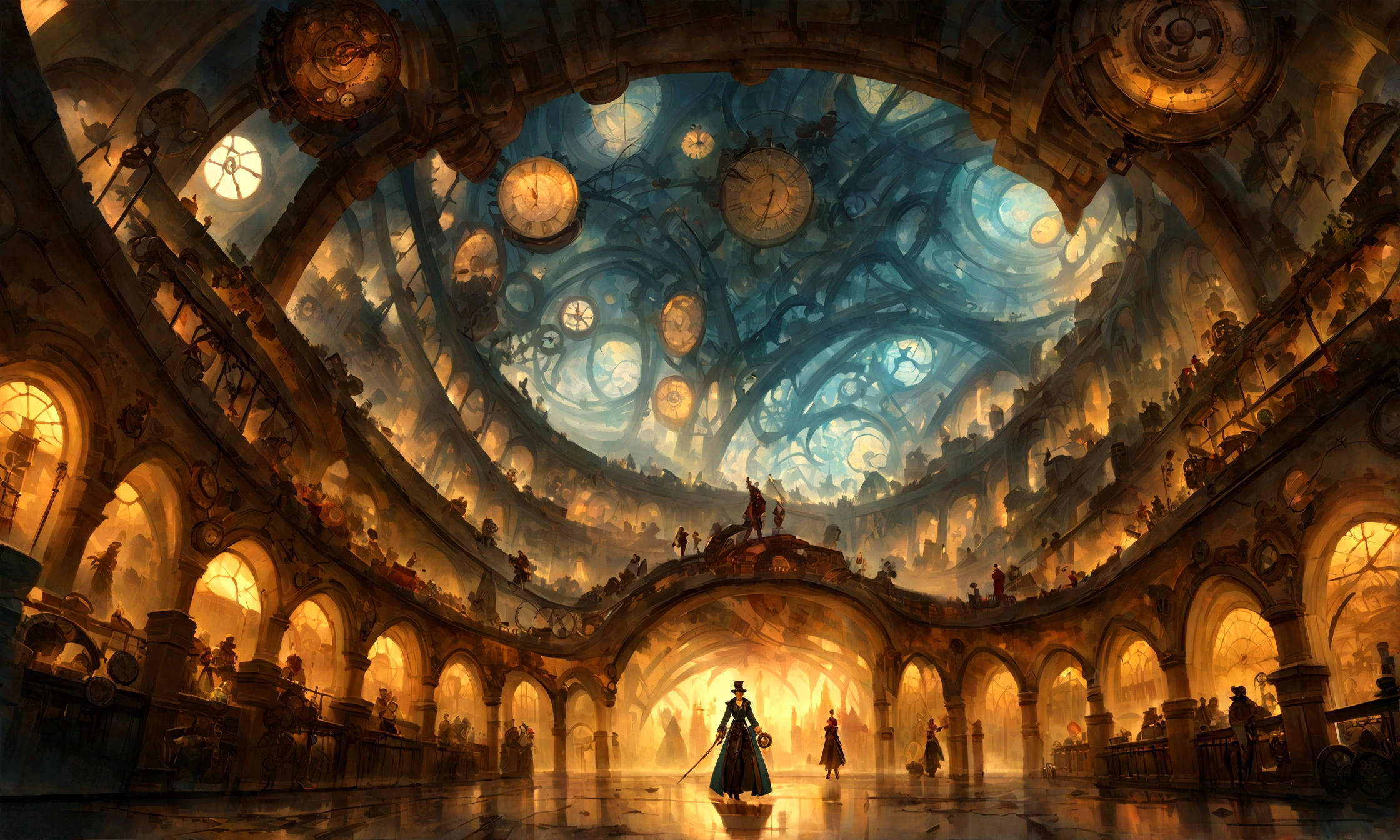 Fantasy art, very wide angle shot, Painting, Detailed , Deviant-art, contest winner, concept-art, , tim hildebrandt, fantasy, ((((Steampunk City)))),,In the daytime,, dreamlike realism, art stations ,, The style of Adrianous Everson ,Not aesthetic architecture, cinematic Film still from,greg rutkovsky, Create reminiscent of《Deadly magic》The scenery of the movie, King's Cross Station, London, UK,Use intricate details and dynamic design,Immerse your audience in a magical world. An illustration depicting an《Deadly magic》The awe and confusion evoked by the film.