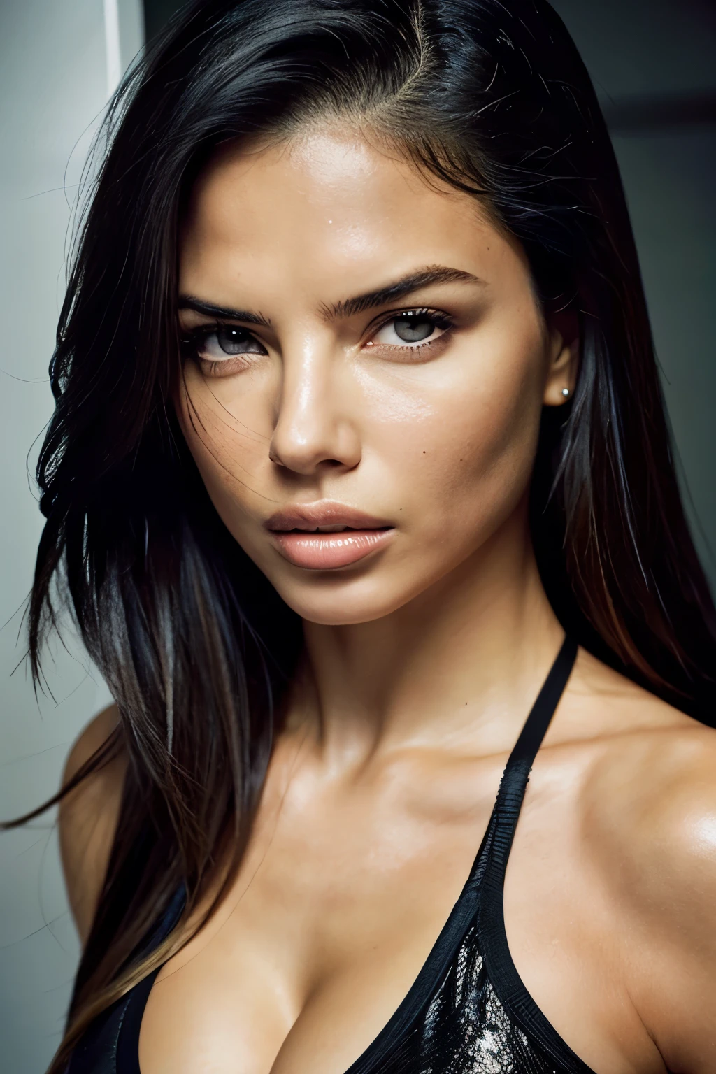 show a face shot of adriana lima, face shot, sportive, esductive look