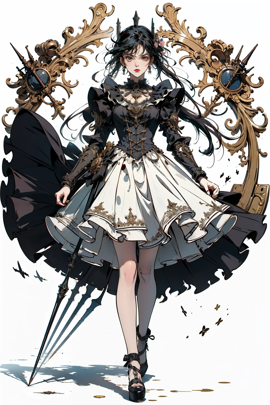 ((best quality)), ((masterpiece)), (detailed), perfect face ((best quality)), ((masterpiece)), (detailed), blank white background, plain background, white background, Bloodborne inspired, occult aesthetic, occult, detailed and intricate steampunk and detailed gothic, (zentangle, mandala, tangle, entangle), NSFW, torn clothing, Very dramatic and cinematic lighting, cosmic horror, grim-dark, side-lighting, perfect face, a beautiful goddess adorned and enshrined in armour, Bloodborne inspired , occult aesthetic , occult , detailed and intricate steampunk and detailed gothic , holding a spear or lance, NSFW, Fluttering lace flared short dress with frilly petticoats, knee length dress, pleated petticoats, lolita dress, petticoats gothic lolita, side-lighting, gothic lolita aesthetic, beautiful small breasts, small breasts, full body, whole body, body, plain background, white background, blank background, no background, white background NSFW, full body, whole body, head-to-toe