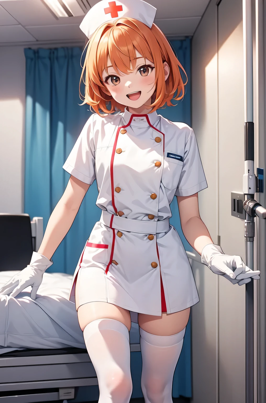 1boy, solo, male focus, nurse, white nurse cap, white nurse uniform, ((white legwear, zettai ryouiki)), white gloves, short hair, orange hair, smile, open mouth, standing, ((hospital room)), sharp outline, short sleeves, shota, ************, best quality, masterpiece