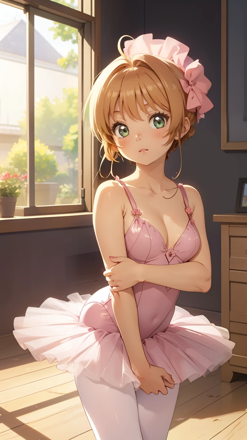 masterpiece, best quality, highres, perfect pixel, depth of field, 1girl, single, solo, beautiful anime girl, beautiful artstyle, (detailed face), (blush), anime CG style, (medium breasts), good lighting, perfect body, lips parted, (sakura kinomoto), glossy lips, collarbone, (ballerina), sleeveless leotard, (tutu), pantyhose, wood floor
