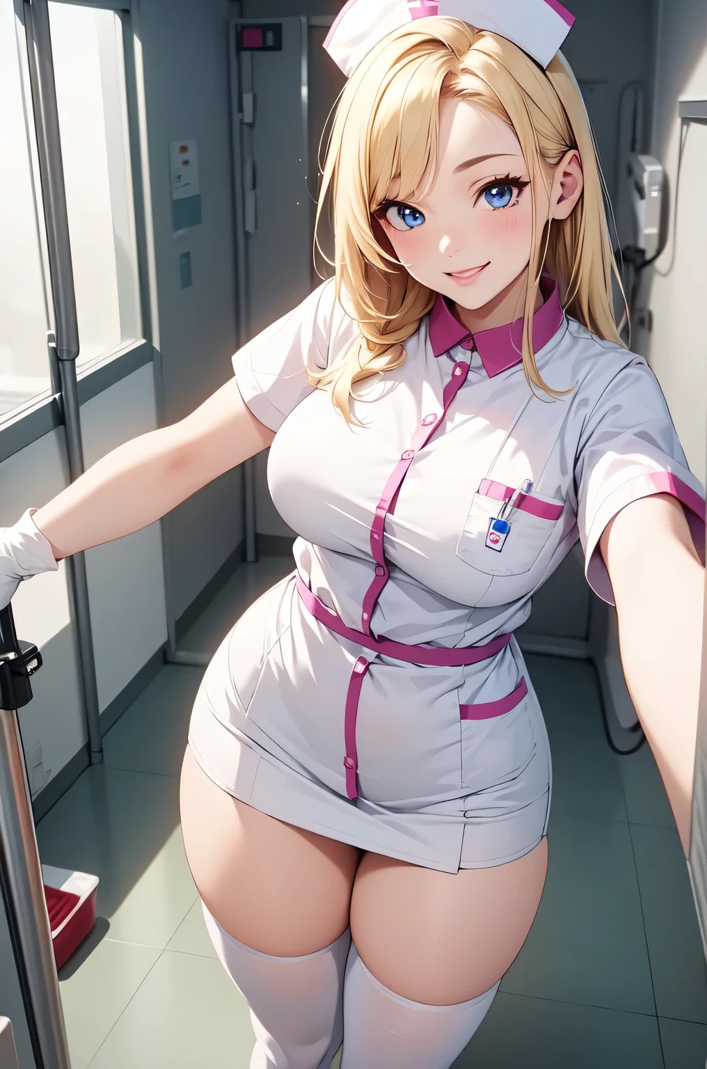 1woman, solo, nurse, white nurse cap, white nurse uniform, ((white legwear, zettai ryouiki)), white gloves, blonde hair, blue eyes, pink lips, smile, standing, ((hospital room)), sharp outline, short sleeves, mature female, 35 years old, best quality, masterpiece