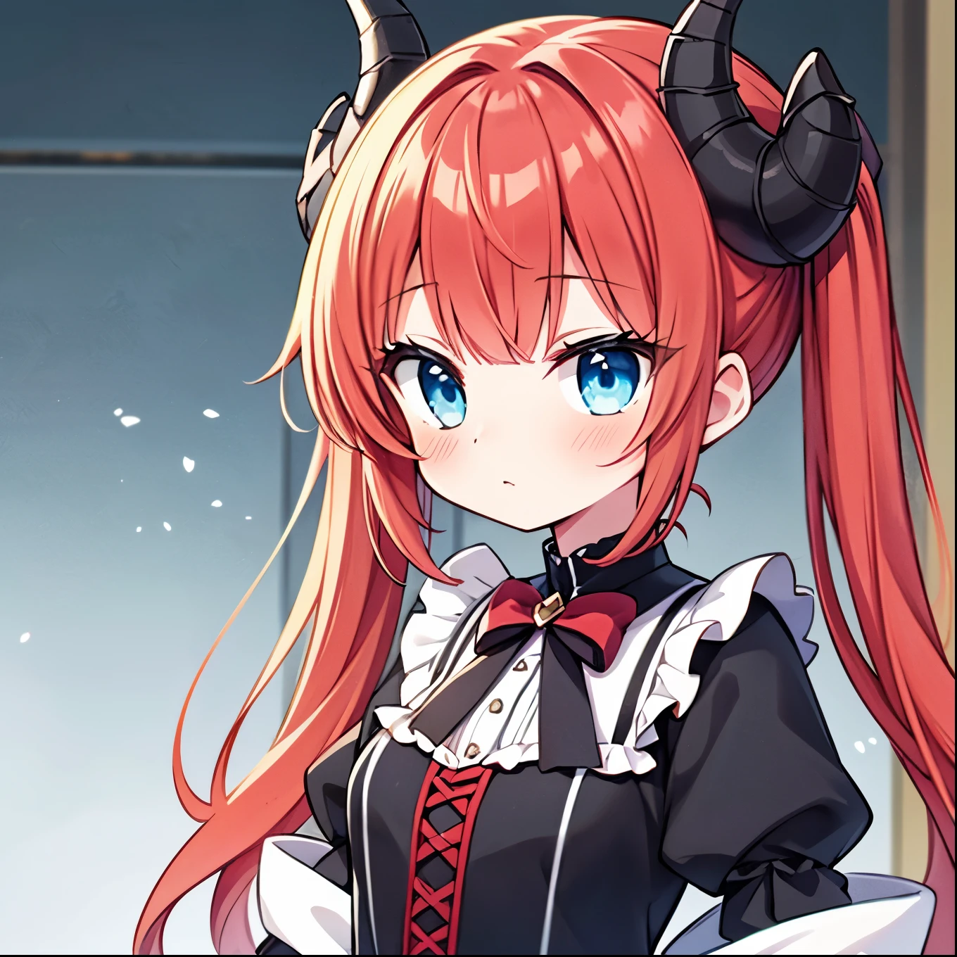 {{best quality}}, {{masterpiece}}, {{ultra-detailed}}, {illustration}, {detailed light}, red hair,blue eyes,twintails,lolita,Fantastic,loli,solo,Dragon horns, girl,long hair
