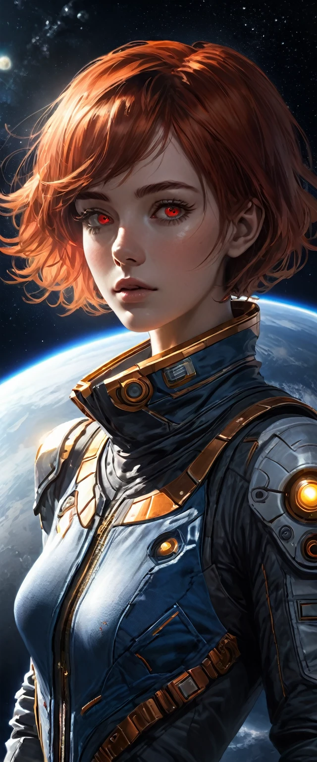 (Highest Resolution, clearly_image) wonderful, masterpiece, High detail, Semi-realistic,Intergalactic Cowboys, Very beautiful woman, Lonely, Normal handsome posture, Red Short Hair, Golden Eyes, Indifferent look, 18-year-old, young, Tall and strong , Futuristic sci-fi denim, have confidence, Severe, Cold and arrogant, Standing in space,Planetary background, Looking down