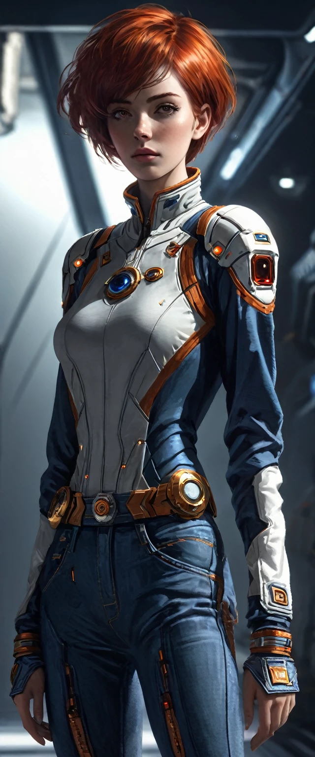 (Highest Resolution, clearly_image) wonderful, masterpiece, High detail, Semi-realistic,Intergalactic Cowboys, Very beautiful woman, Lonely, Normal handsome posture, Red Short Hair, Golden Eyes, Indifferent look, 18-year-old, young, Tall and strong , Futuristic sci-fi denim, have confidence, Severe, Cold and arrogant, Standing in space,Planetary background, Looking down