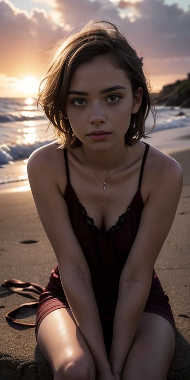 One girl, highest quality, Realistic, alone, Depth of written boundary, Natural light, Daytime, attractive, Beautiful Face, clean, Pure Face, Pale skin, cute, short hair, Beach, sunlight,Flat Chest, Small breasts, whole body, ((Beautiful Face)), 