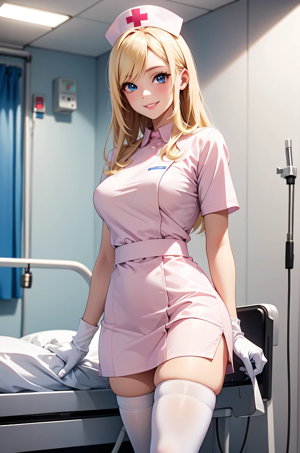 1woman, solo, nurse, white nurse cap, white nurse uniform, ((white legwear, zettai ryouiki)), white gloves, blonde hair, blue eyes, pink lips, smile, standing, ((hospital room)), sharp outline, short sleeves, mature female, 35 years old, best quality, masterpiece