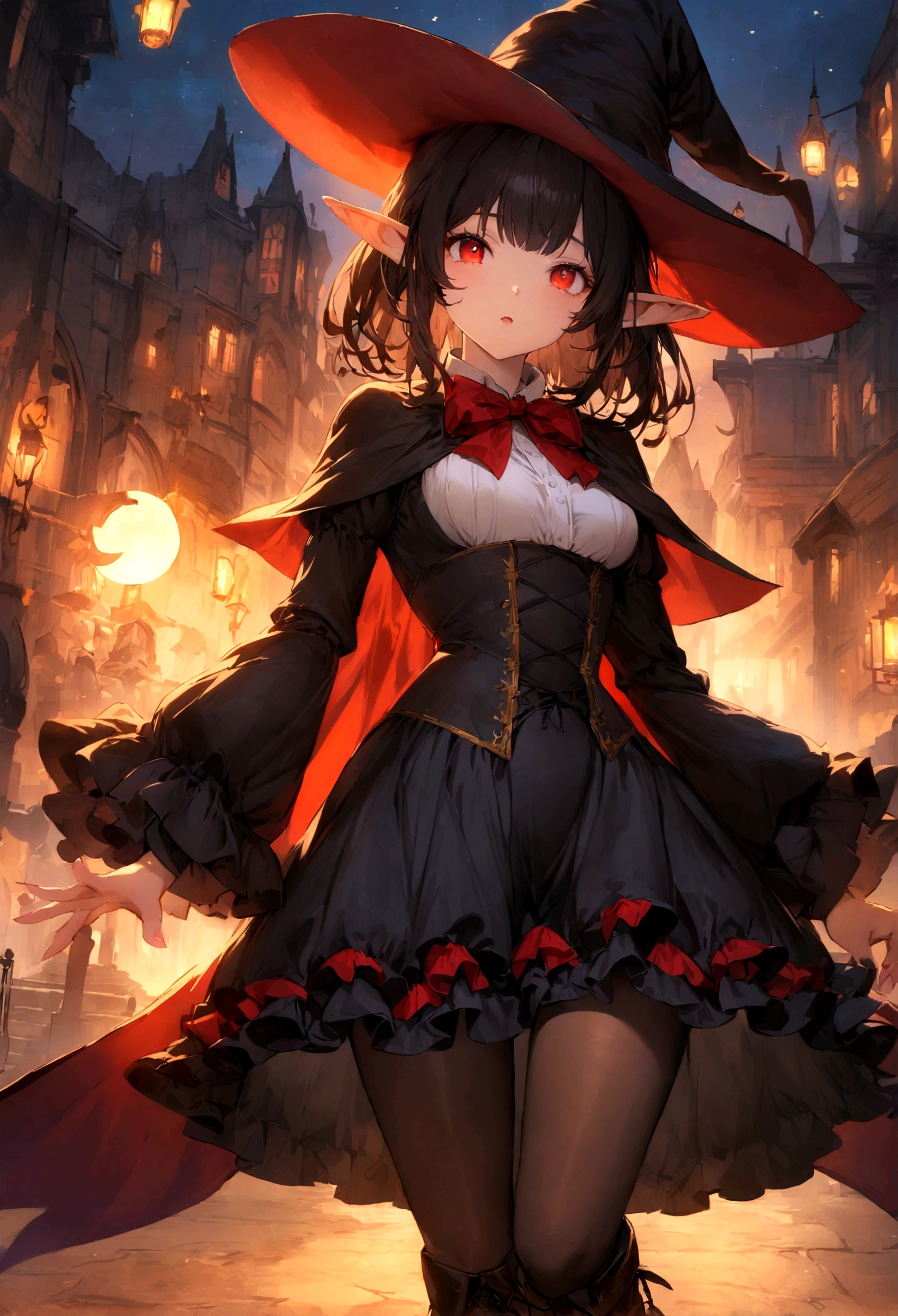 Anime girl, short black hair, Bangs are heavy, elf ears, red eyes, vampire, sorcerer, magician, witch, big witch hat, elegant,((best quality)), ((highly detailed)), masterpiece, absurdres, (detailed eyes, deep eyes), (1girl), puffy shirt, big bowtie, corset, skirt, stockings, boots, cape, Outside at night when the moon shines, frills, The sleeves are wide at the hem, long sleeve shirt