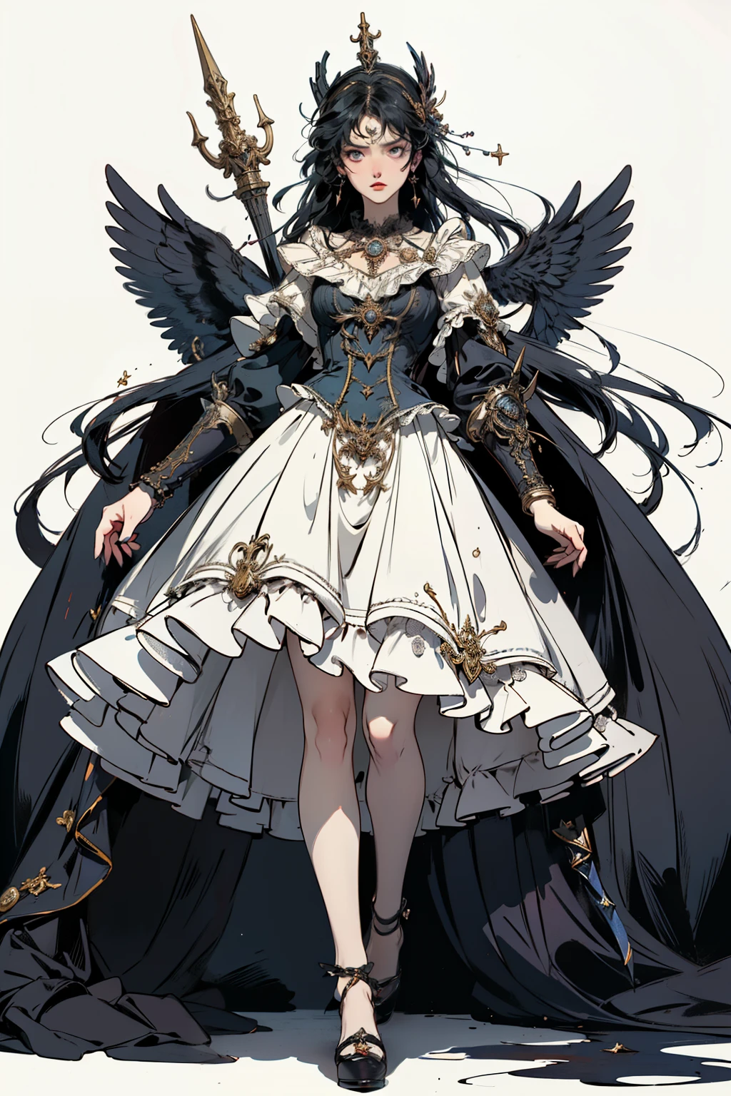 ((best quality)), ((masterpiece)), (detailed), perfect face ((best quality)), ((masterpiece)), (detailed), blank white background, plain background, white background, Bloodborne inspired, occult aesthetic, occult, detailed and intricate steampunk and detailed gothic, (zentangle, mandala, tangle, entangle), NSFW, torn clothing, Very dramatic and cinematic lighting, cosmic horror, grim-dark, side-lighting, perfect face, a beautiful goddess adorned and enshrined in armour, Bloodborne inspired , occult aesthetic , occult , detailed and intricate steampunk and detailed gothic , holding a spear or lance, NSFW, Fluttering lace flared short dress with frilly petticoats, knee length dress, pleated petticoats, lolita dress, petticoats gothic lolita, side-lighting, gothic lolita aesthetic, beautiful small breasts, small breasts, full body, whole body, body, plain background, white background, blank background, no background, white background NSFW, full body, whole body, head-to-toe